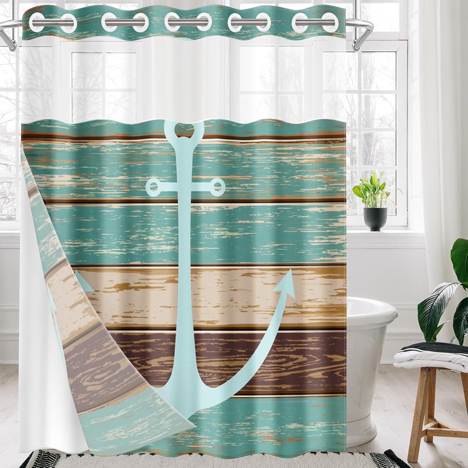 Nesphy No Hook Anchor Wooden Board Shower Curtain Set 1