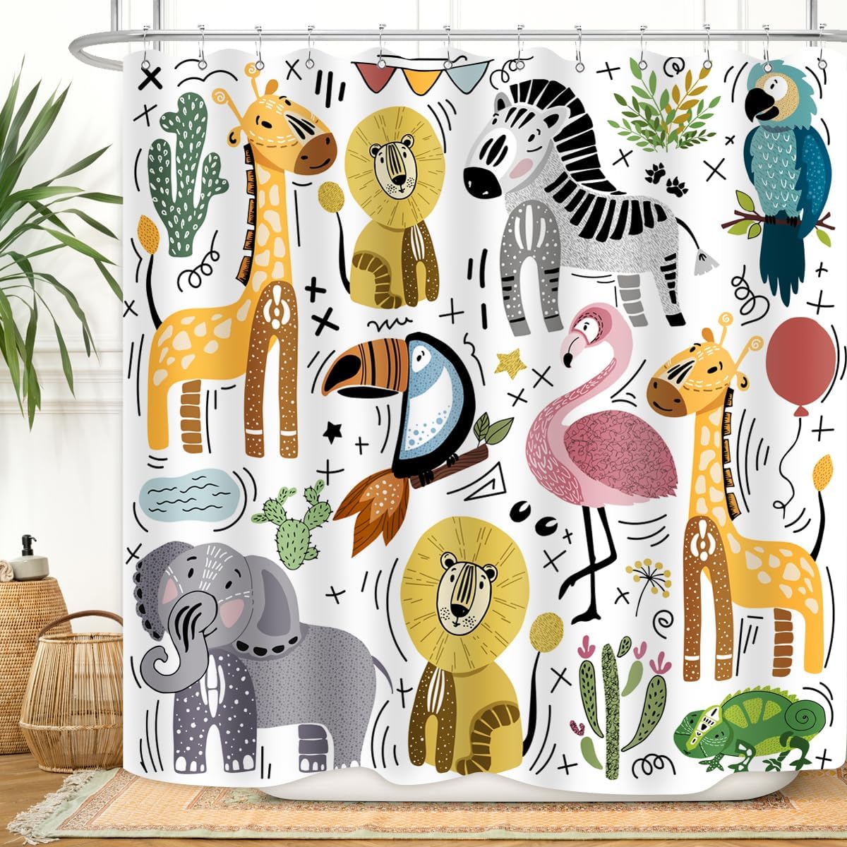 Cute Animal Shower Curtain Set with 12 Plastic Hooks