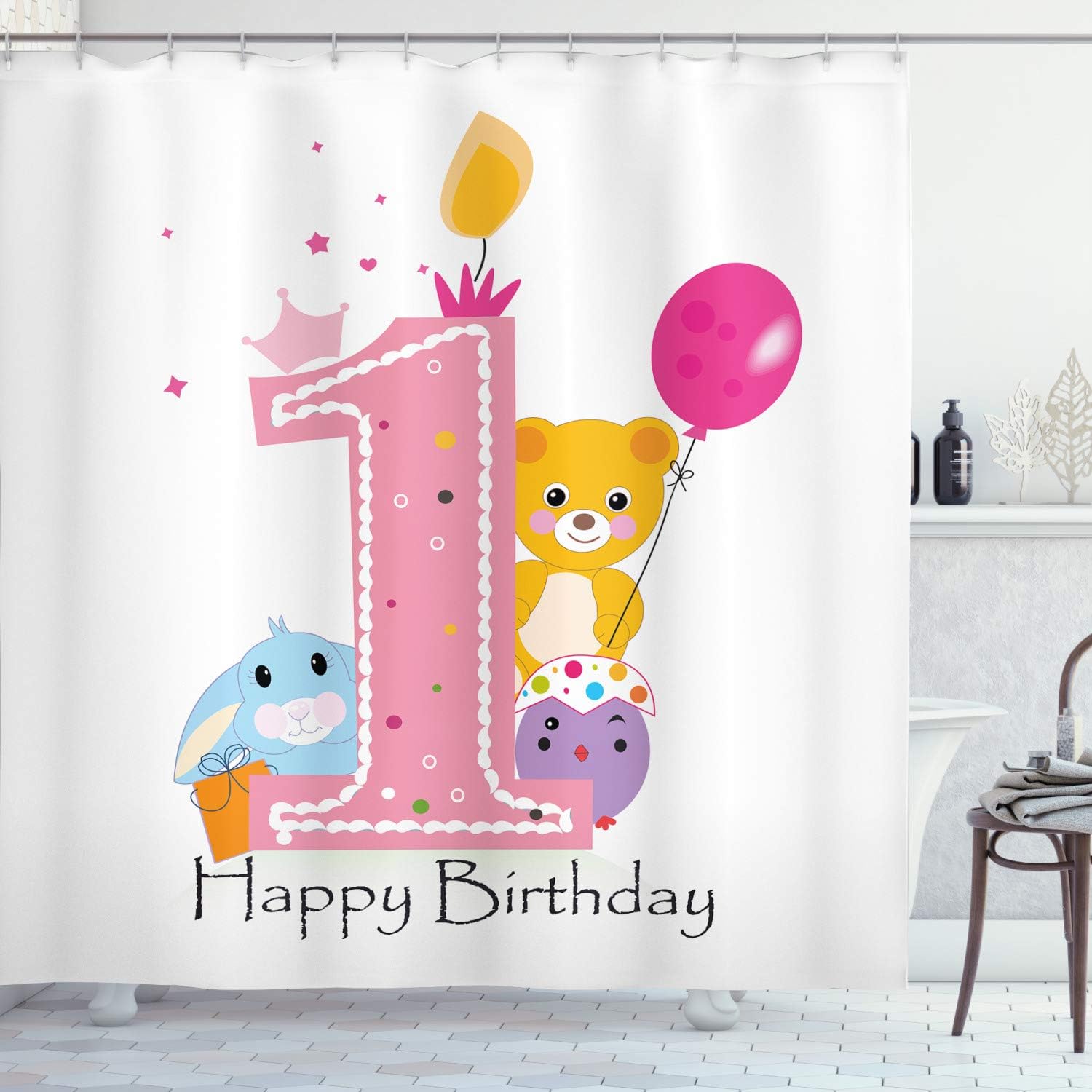 Ambesonne 1st Birthday Shower Curtain Set with Hooks