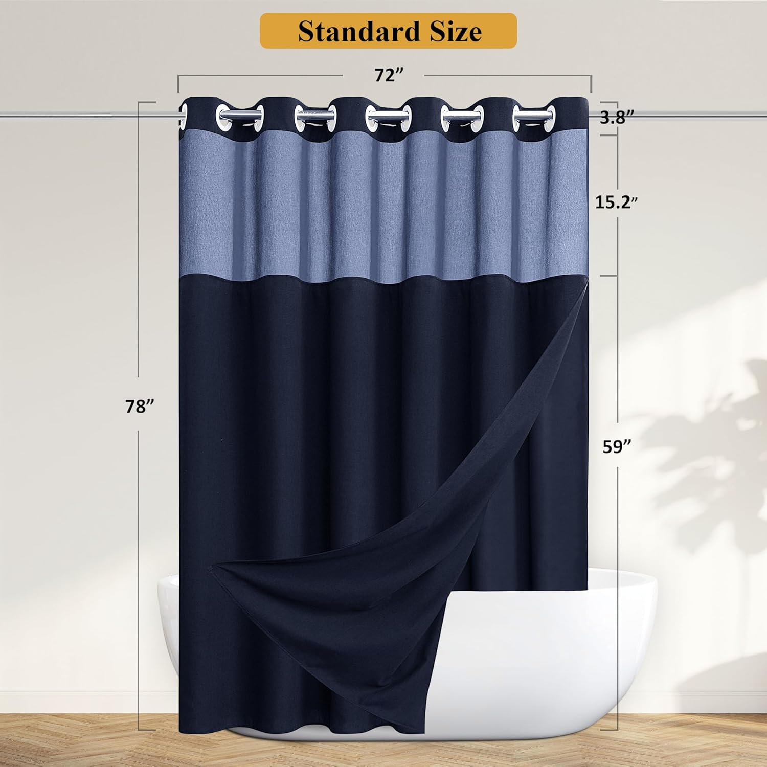 Jowels No Hooks Linen Shower Curtain Set Navy Blue