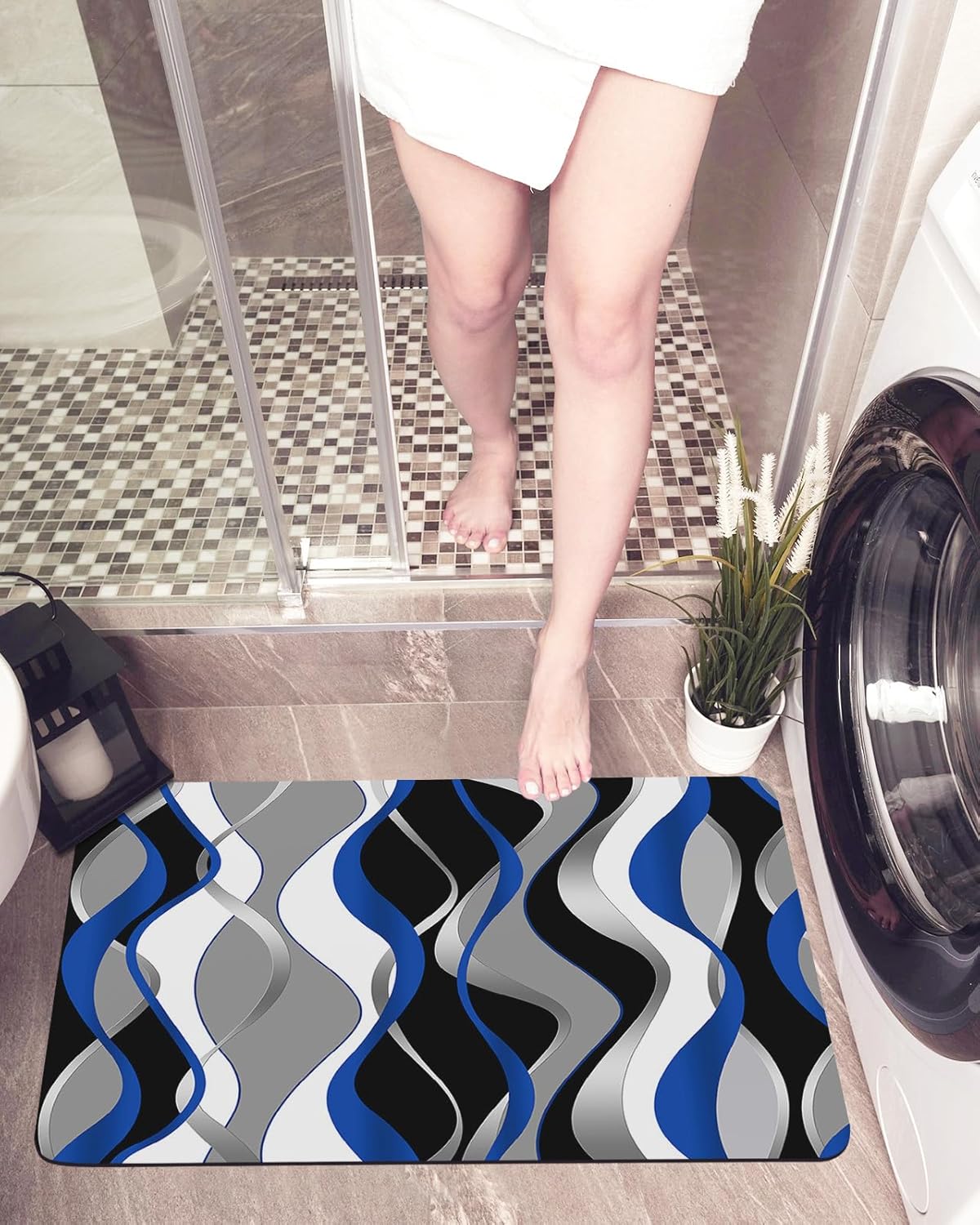 Modern Blue Gray Striped Bath Mat 32x20In Non-Slip