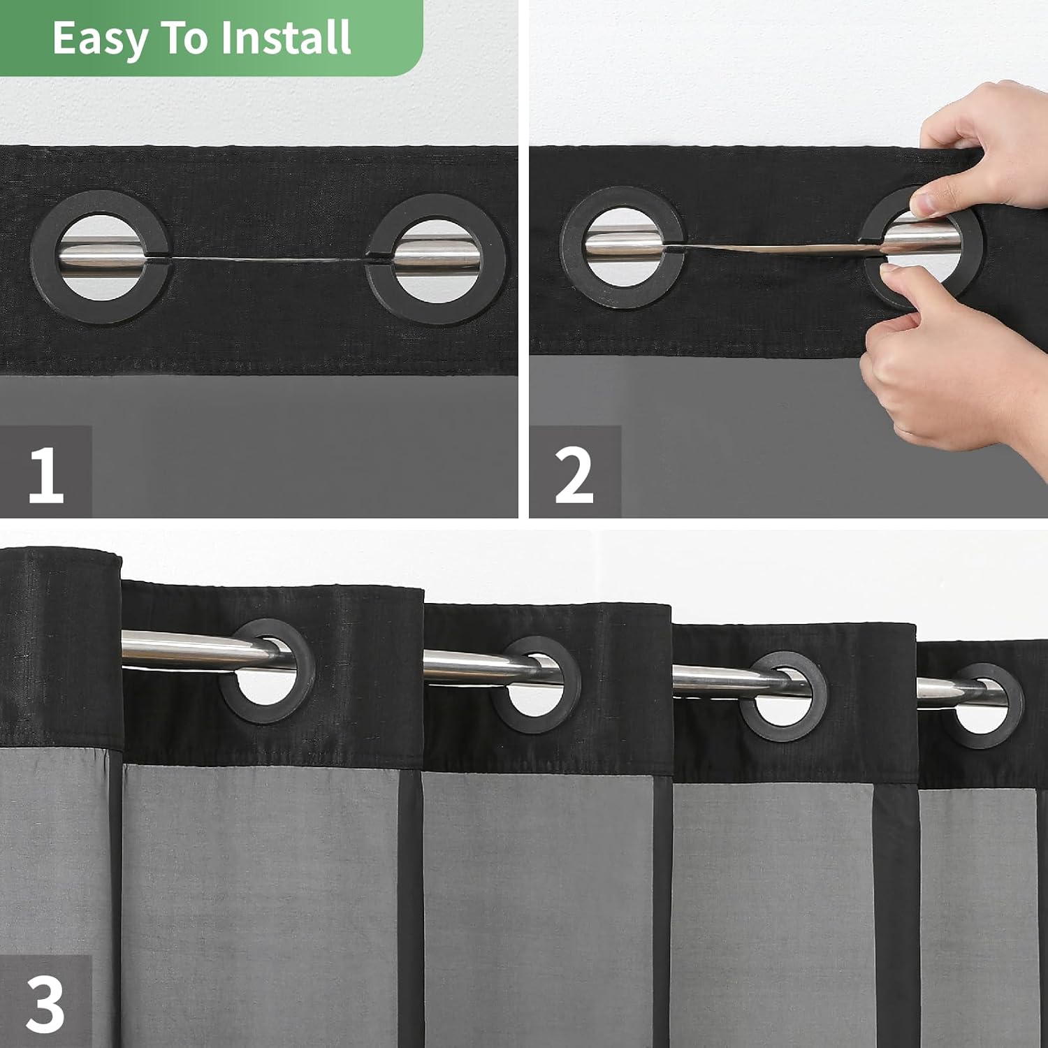 Black Slub Textured Shower Curtain Set with Snap-in Liner