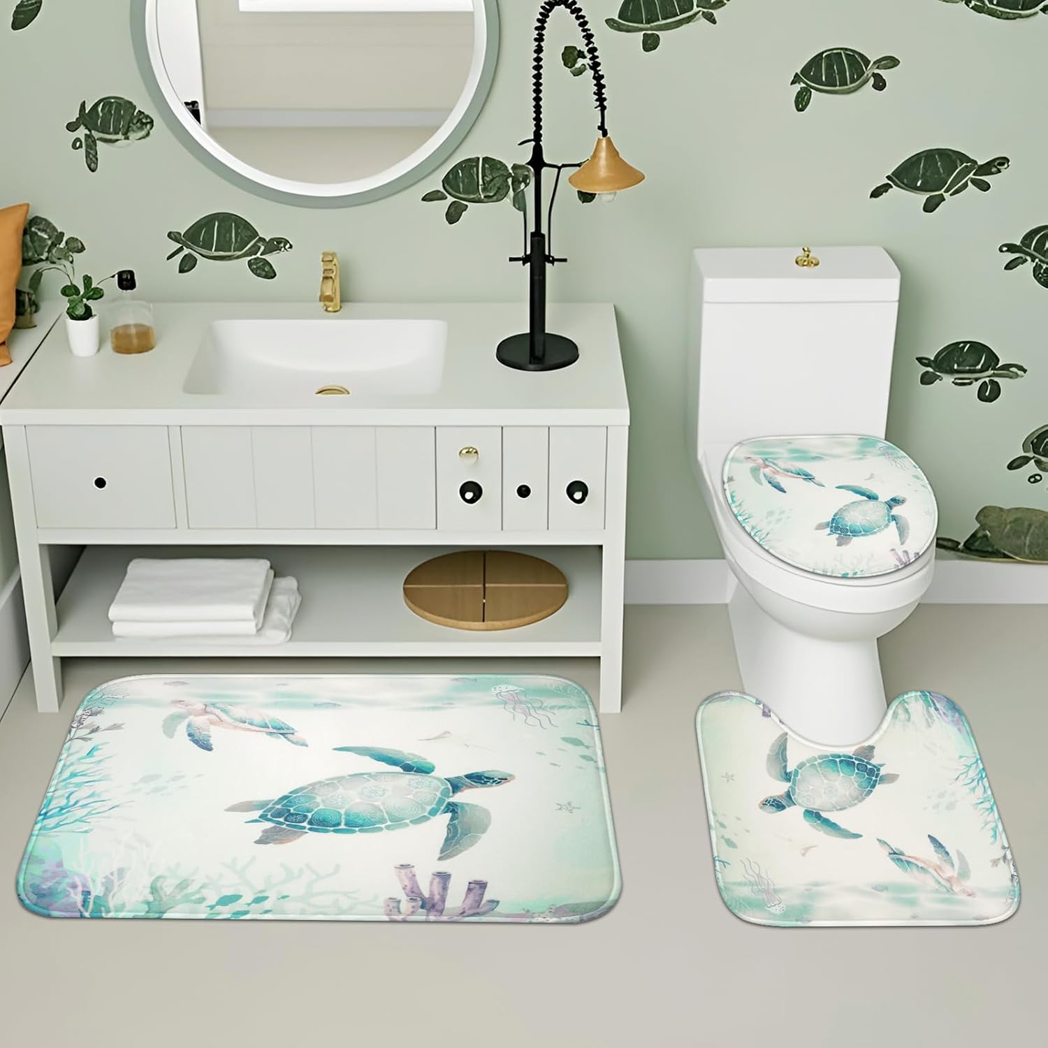 4Pcs Sea Turtle Shower Curtain Set with Non-Slip Rug and Hooks