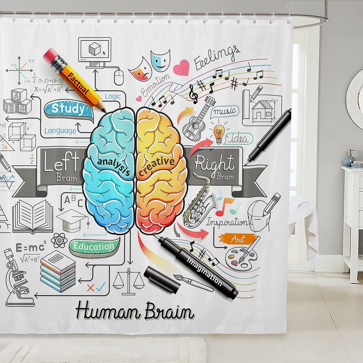 Feelyou Human Brain Shower Curtain Set with 12 Hooks
