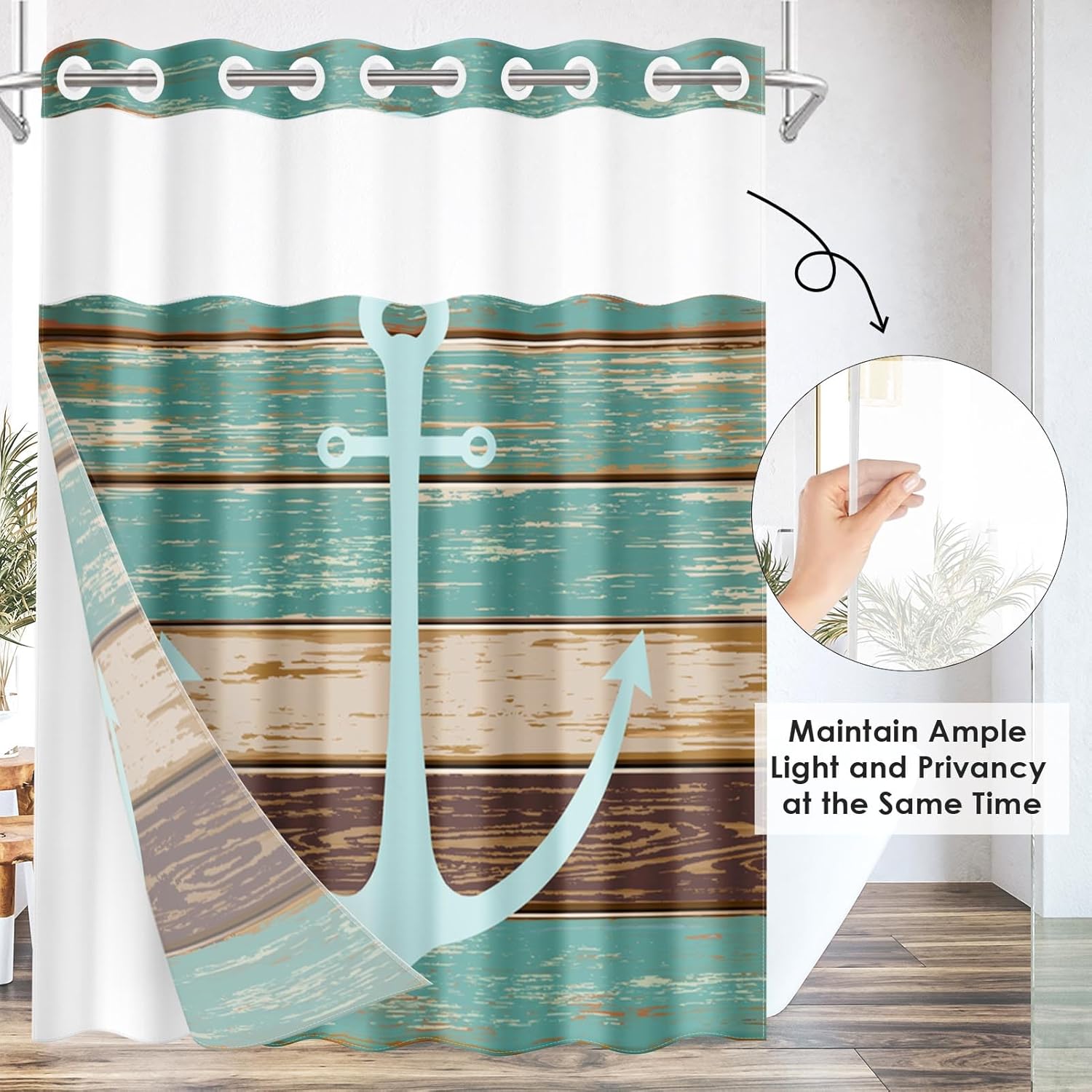 Nesphy No Hook Anchor Wooden Board Shower Curtain Set 1