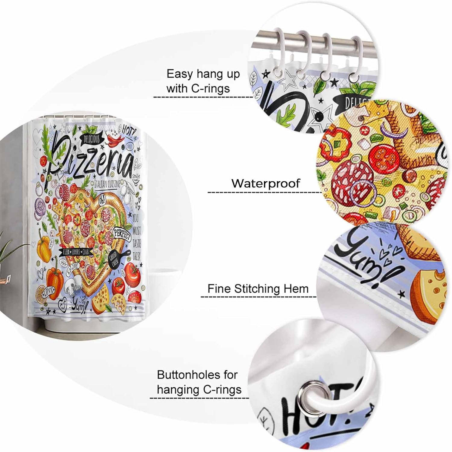 ZOE GARDEN Food Pizza Shower Curtain Set 60x72