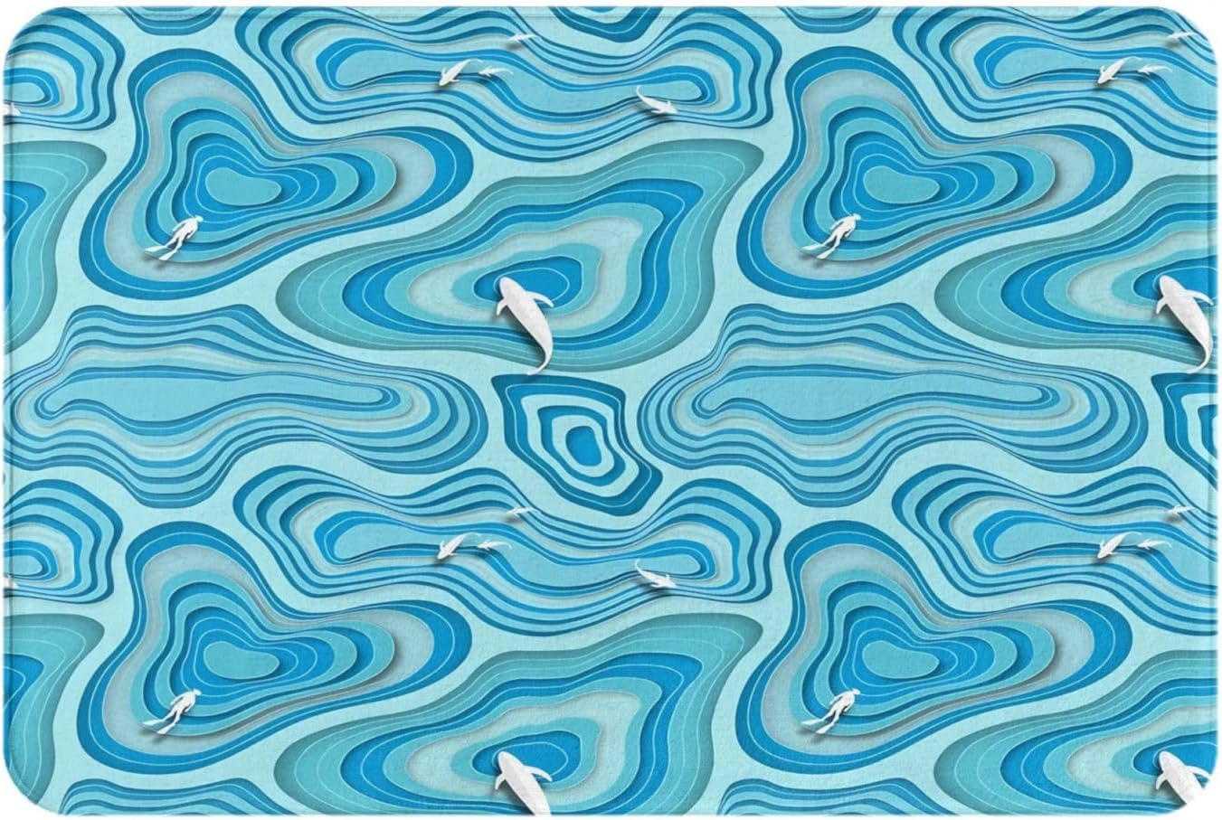 Abstract Gradient Blue Sea Fish Aqua Bath Mat 24x16