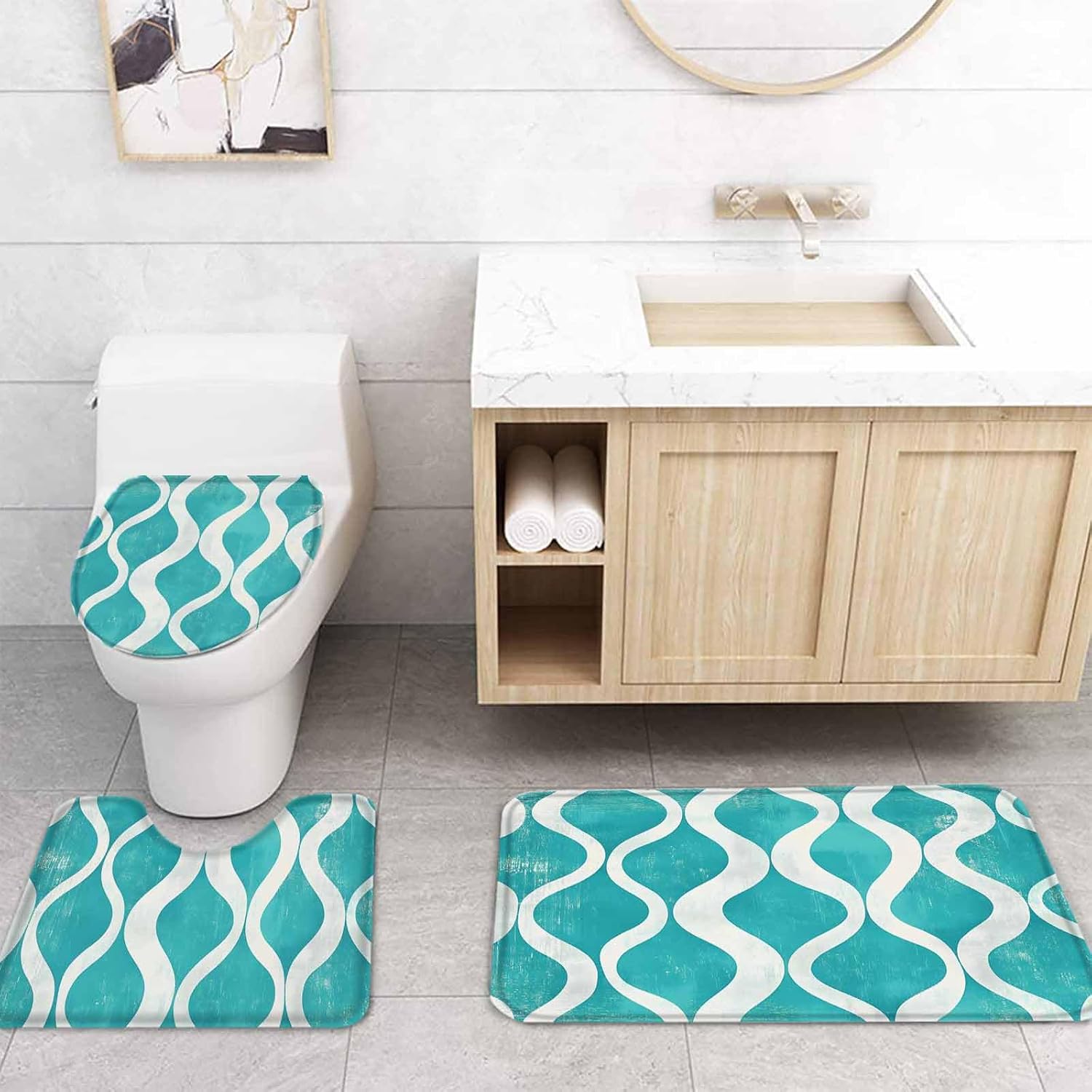 ZOE GARDEN Aqua White Wave Bathroom Set with Mat and Hooks