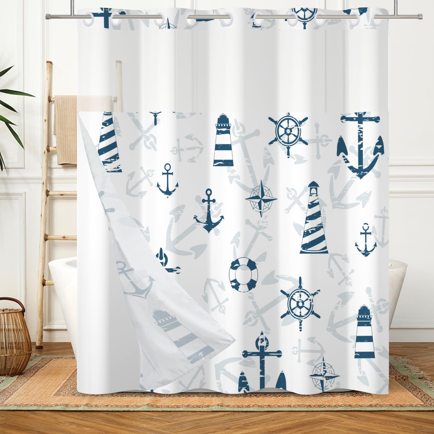 Nautical Shower Curtain Set with Snap Liner and No Hooks