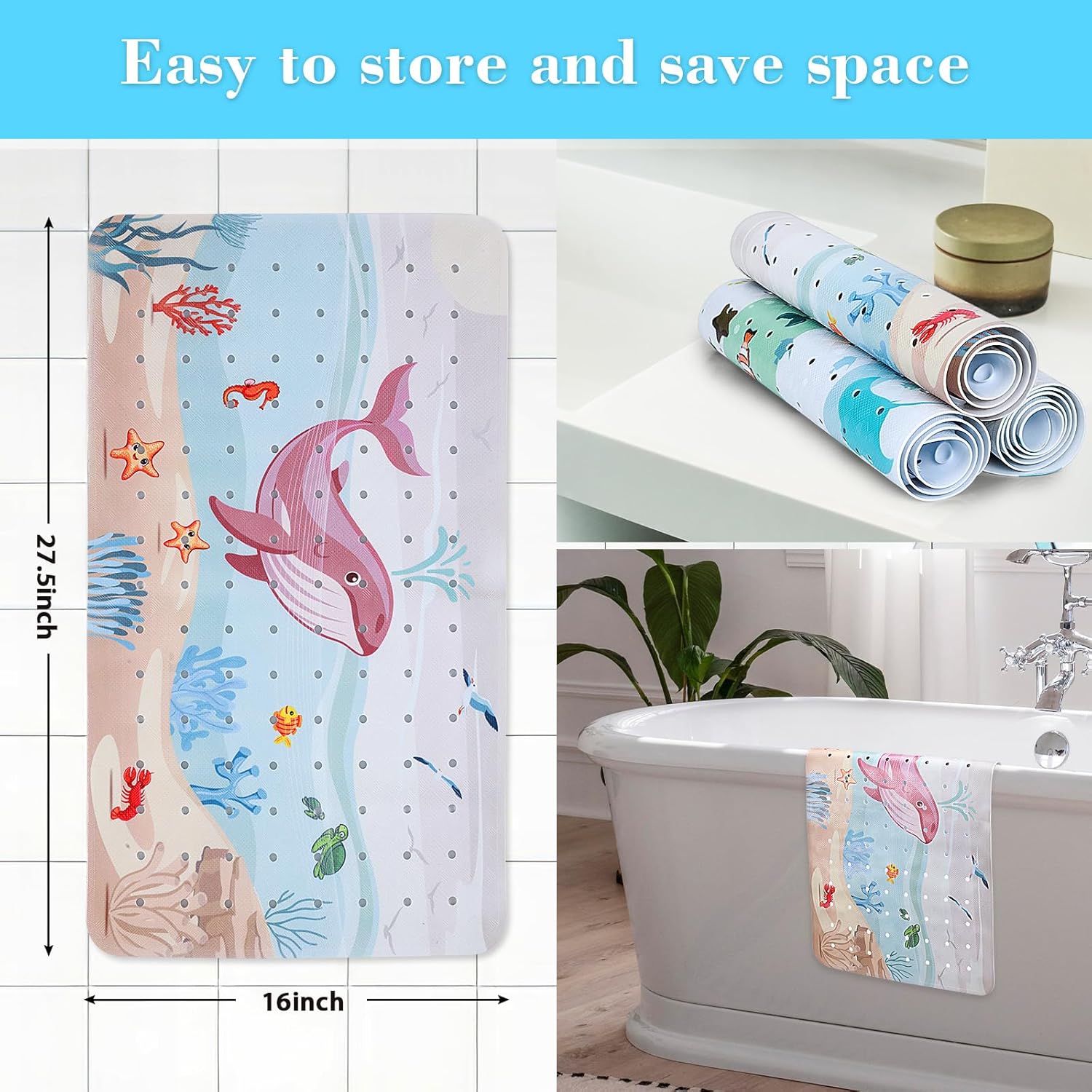 Secopad Baby Bath Mat with Suction Cups and Cartoon Design