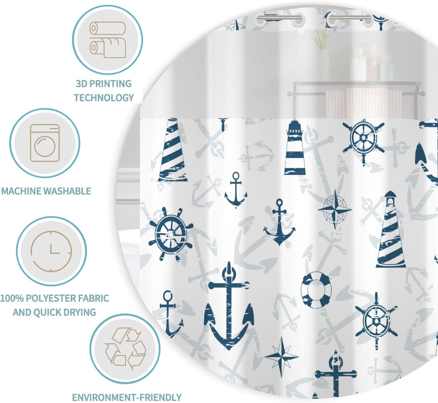 Nautical Shower Curtain Set with Snap Liner and No Hooks