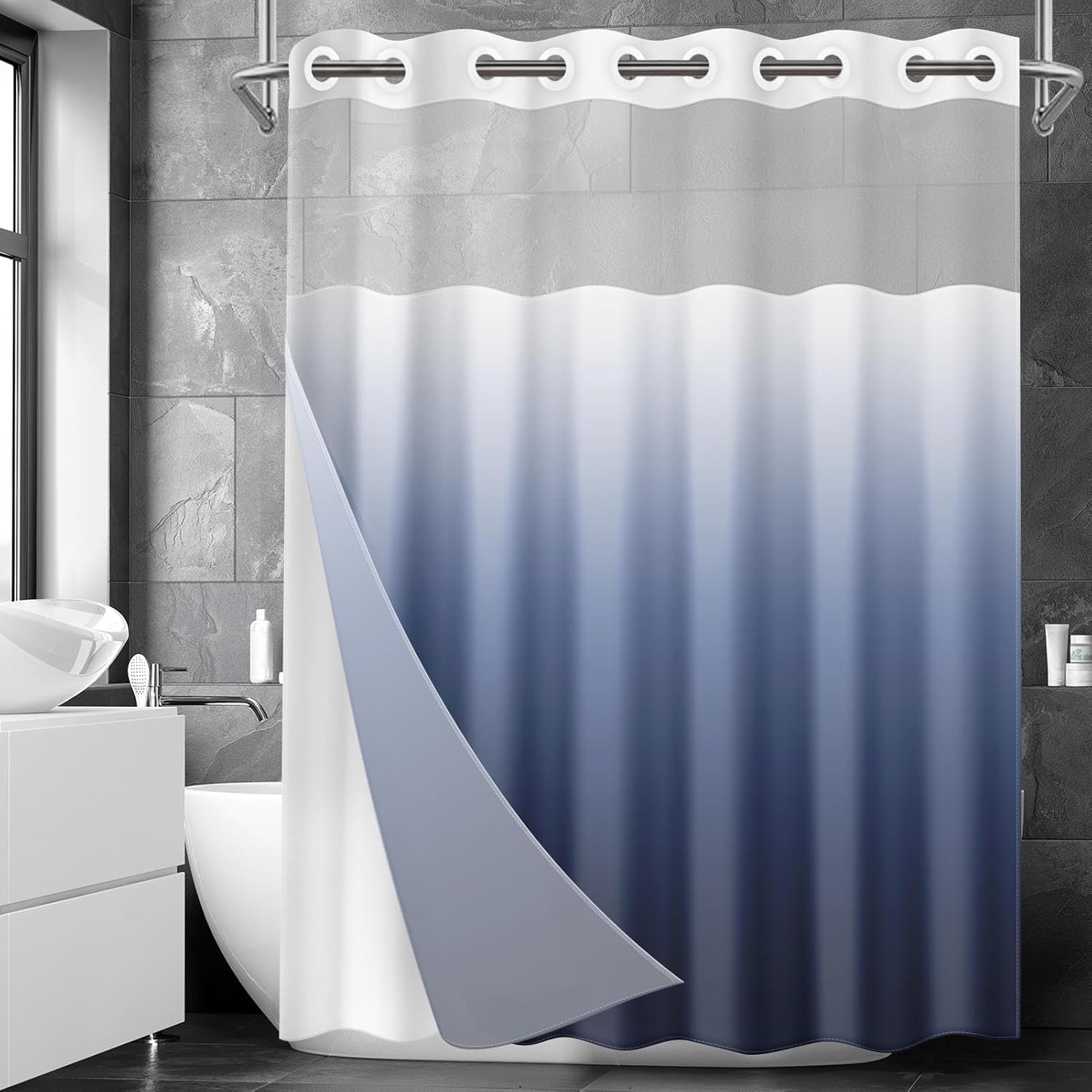 Nesphy No Hook Navy Blue Ombre Shower Curtain Set 1
