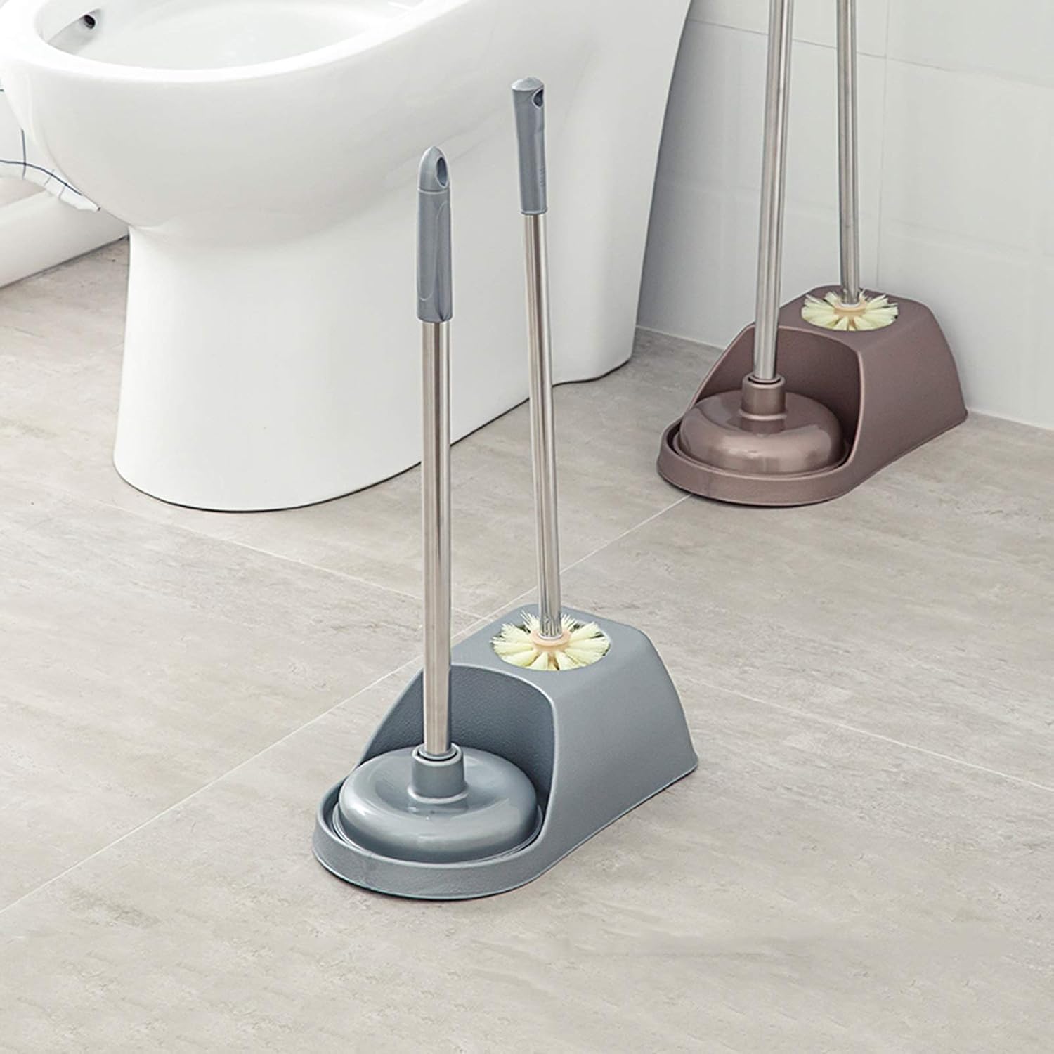 HEXEH Toilet Brush and Plunger Set with Holder GreyBrown