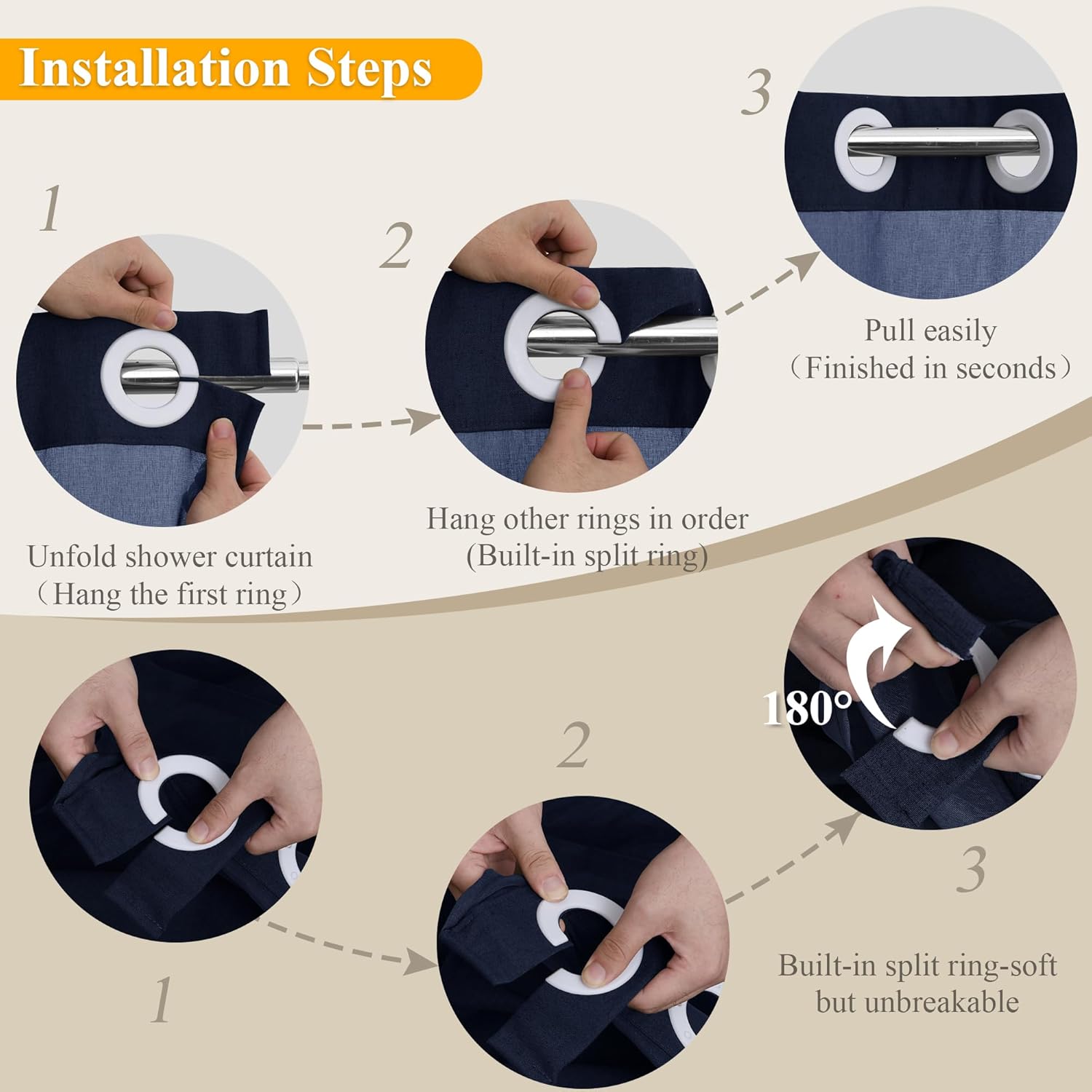 Jowels No Hooks Linen Shower Curtain Set Navy Blue