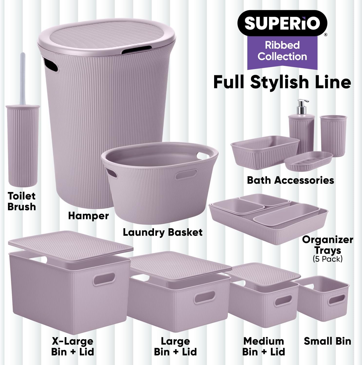 Superio Ribbed Toilet Brush with Holder Set Lilac Purple