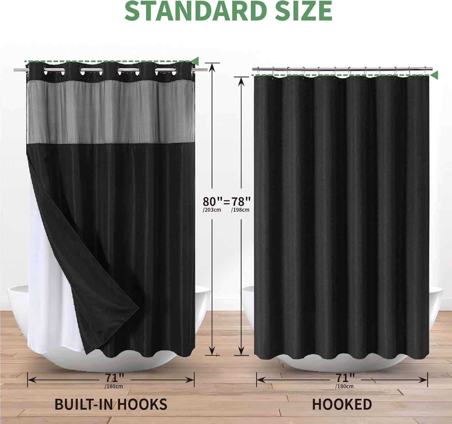 Black Slub Textured Shower Curtain Set with Snap-in Liner