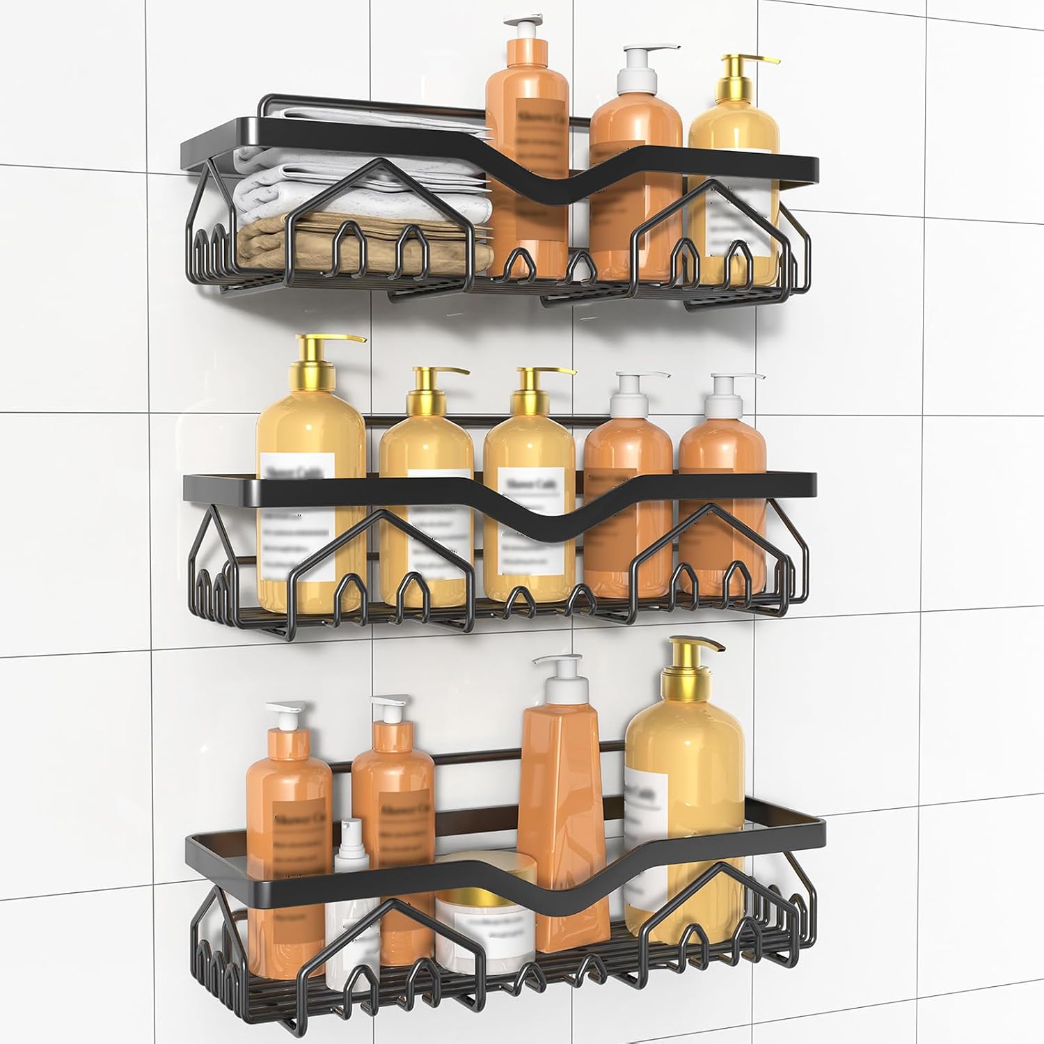 Wall Mounted Shower Caddy Organizer 3 Pcs No Drilling Black L