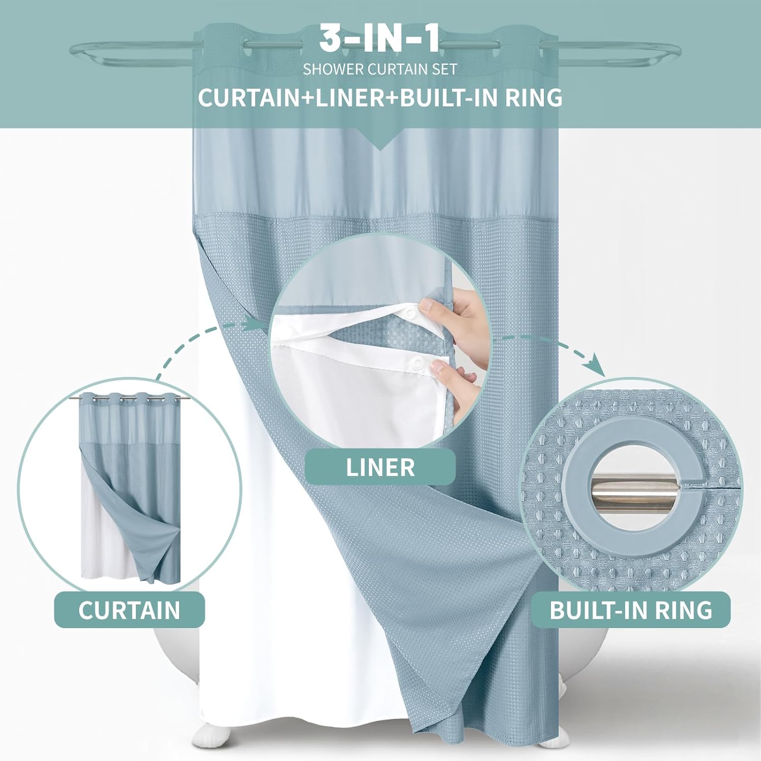 Teal Waffle Weave Shower Curtain Set with Snap-In Liner No Hooks