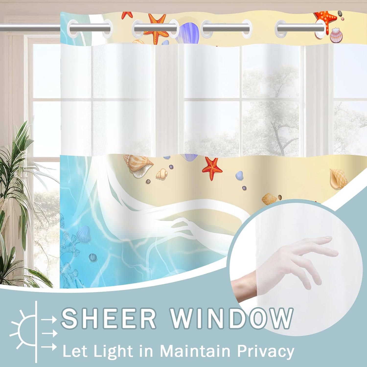 No Hook Beach Shower Curtain Set with Snap Liner 71x74 Inches