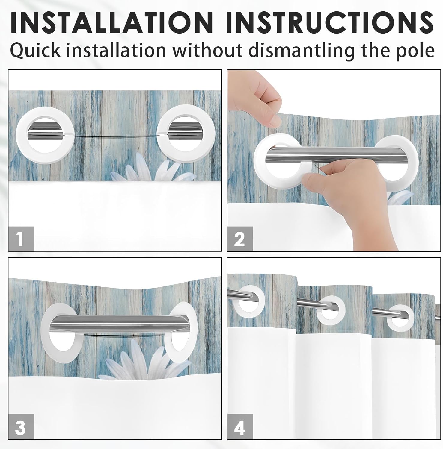 Nesphy No Hook Blue Daisy Shower Curtain Set