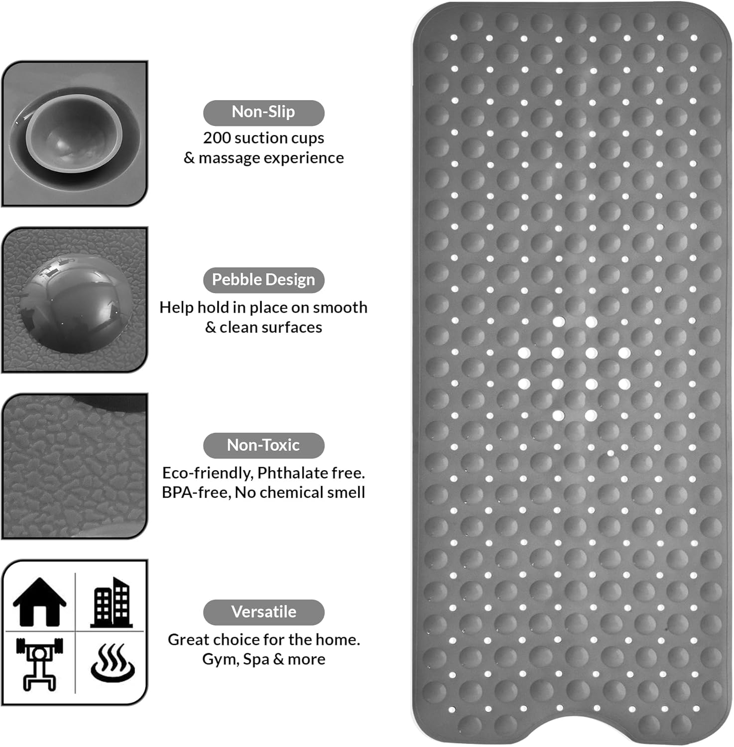LDC Bath Mat 40x16 Grey with Suction Cups