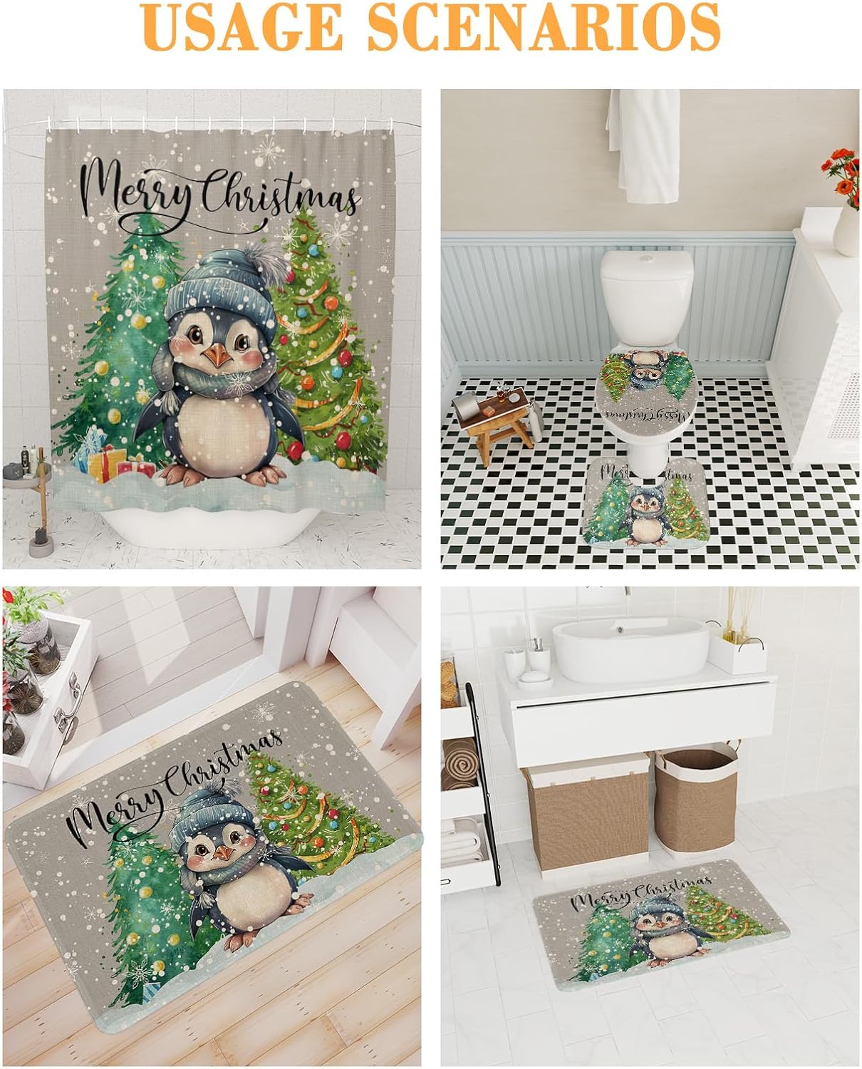 Christmas Penguin Bathroom Set with Shower Curtain and Rug