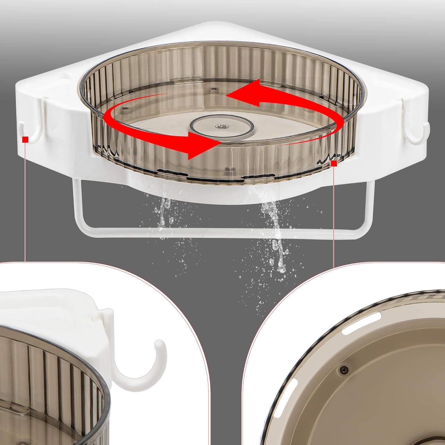 Rotating Corner Shower Caddy with Hooks and Towel Bar
