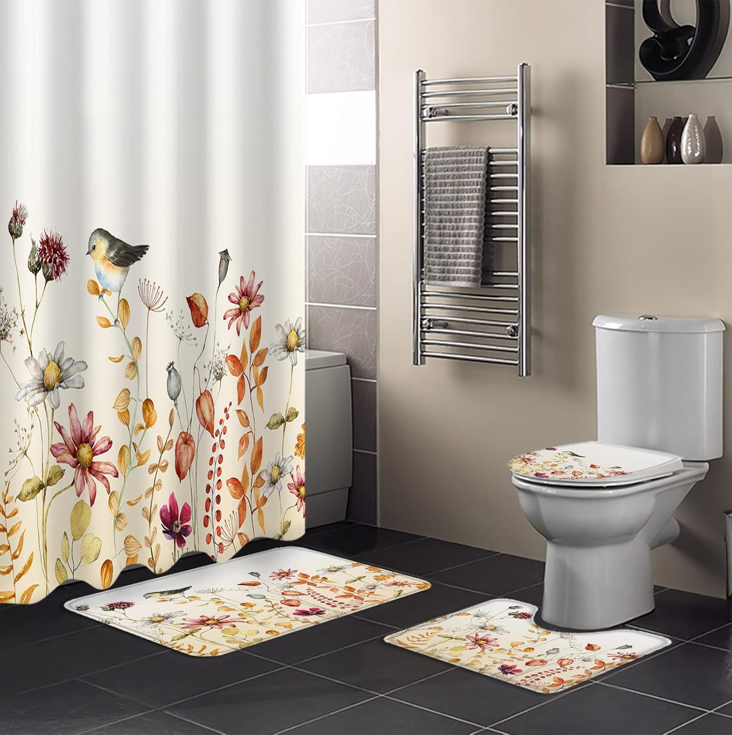 ZOE GARDEN Fall Flower Bird Bathroom Set with Curtain and Rug