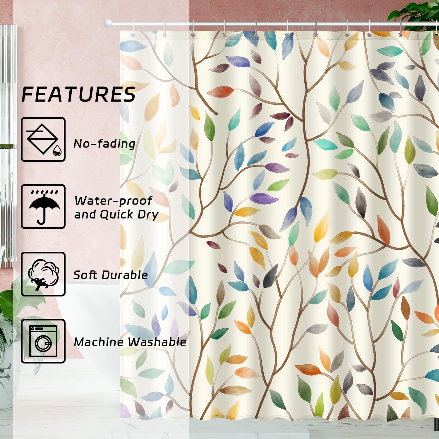 Boho Floral Shower Curtain with 12 Hooks 72x72 Inches