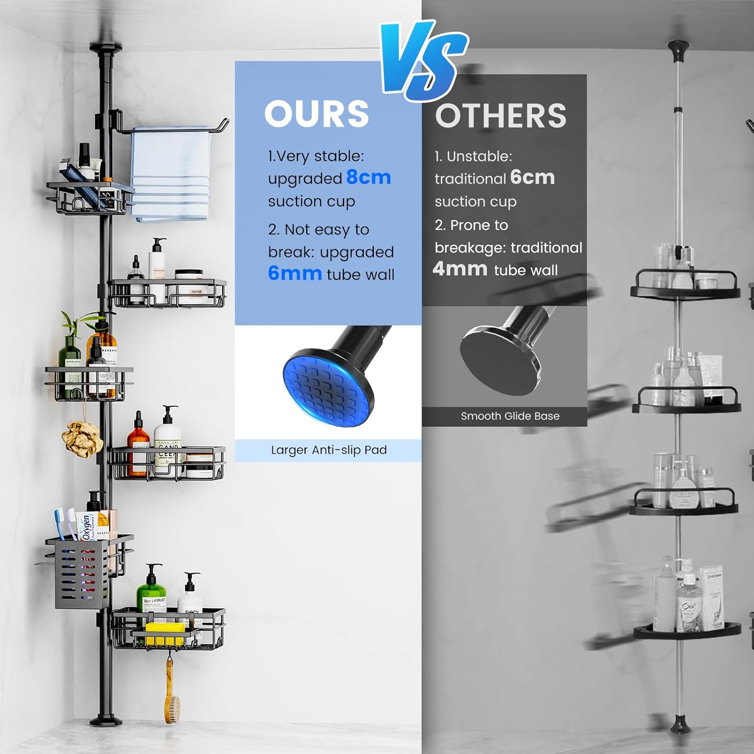 Mixoo Corner Shower Caddy - Adjustable Tension Pole with 6 Shelves