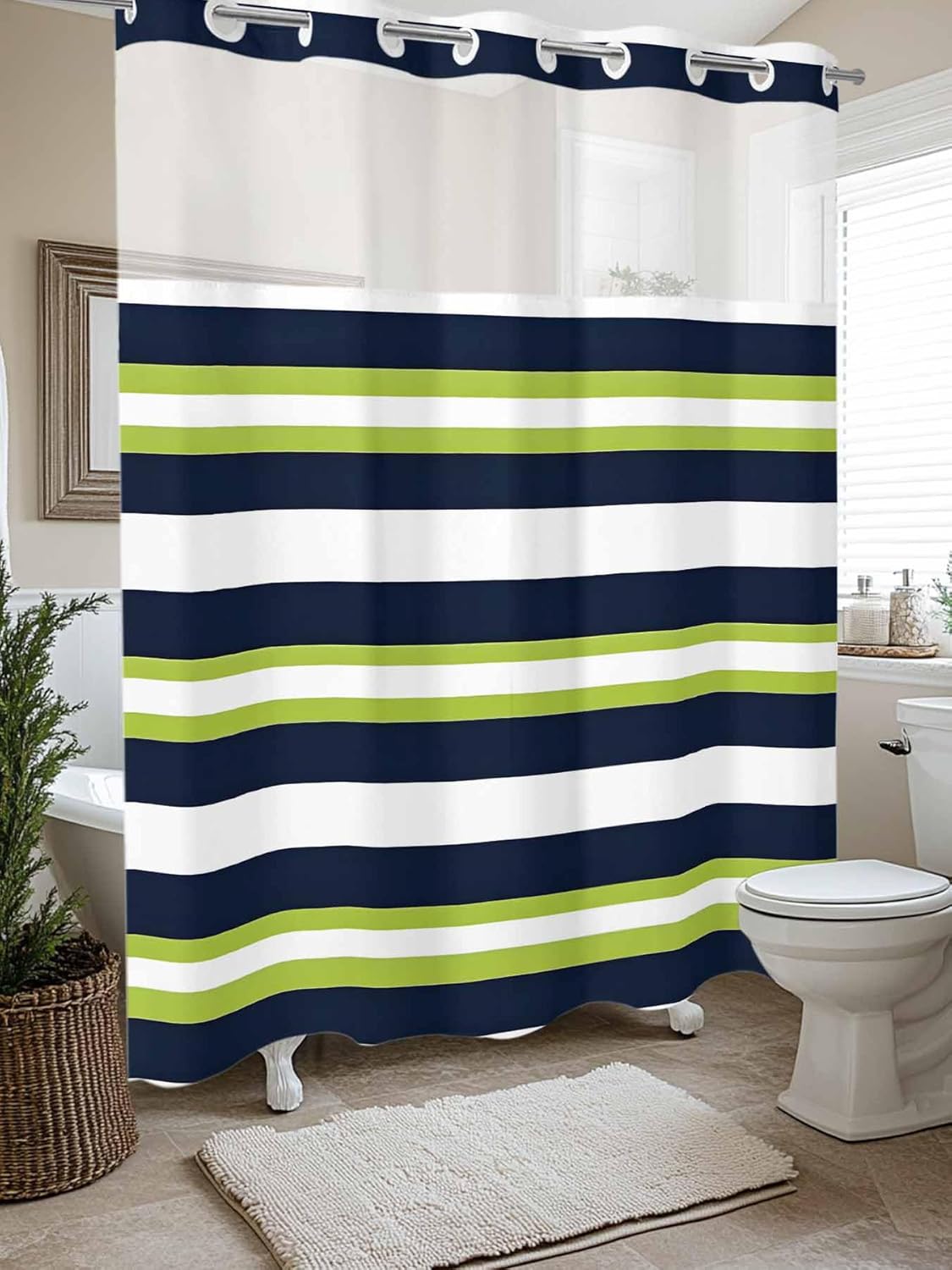 No Hooks Shower Curtain Set with Snap Liner Classic Stripes 72x72in