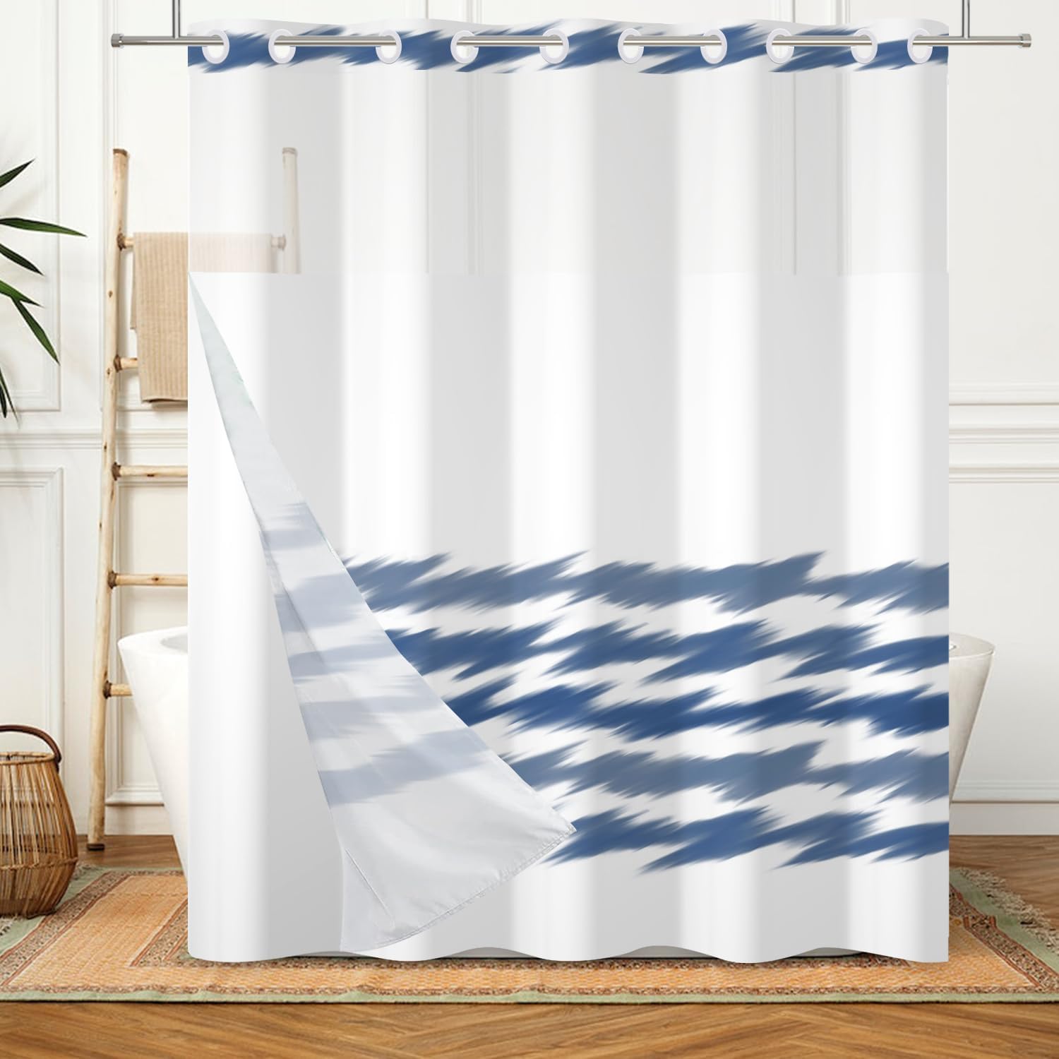 No Hook Blue Striped Shower Curtain Set with Snap Liner and Mesh