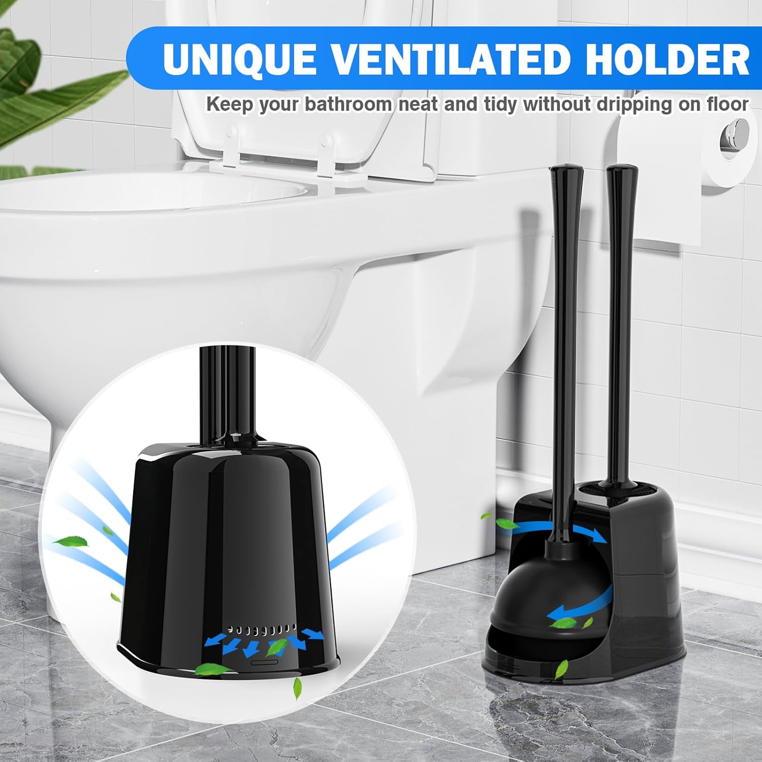 Trenti Toilet Plunger and Brush Set with Holder 2 Pack Black
