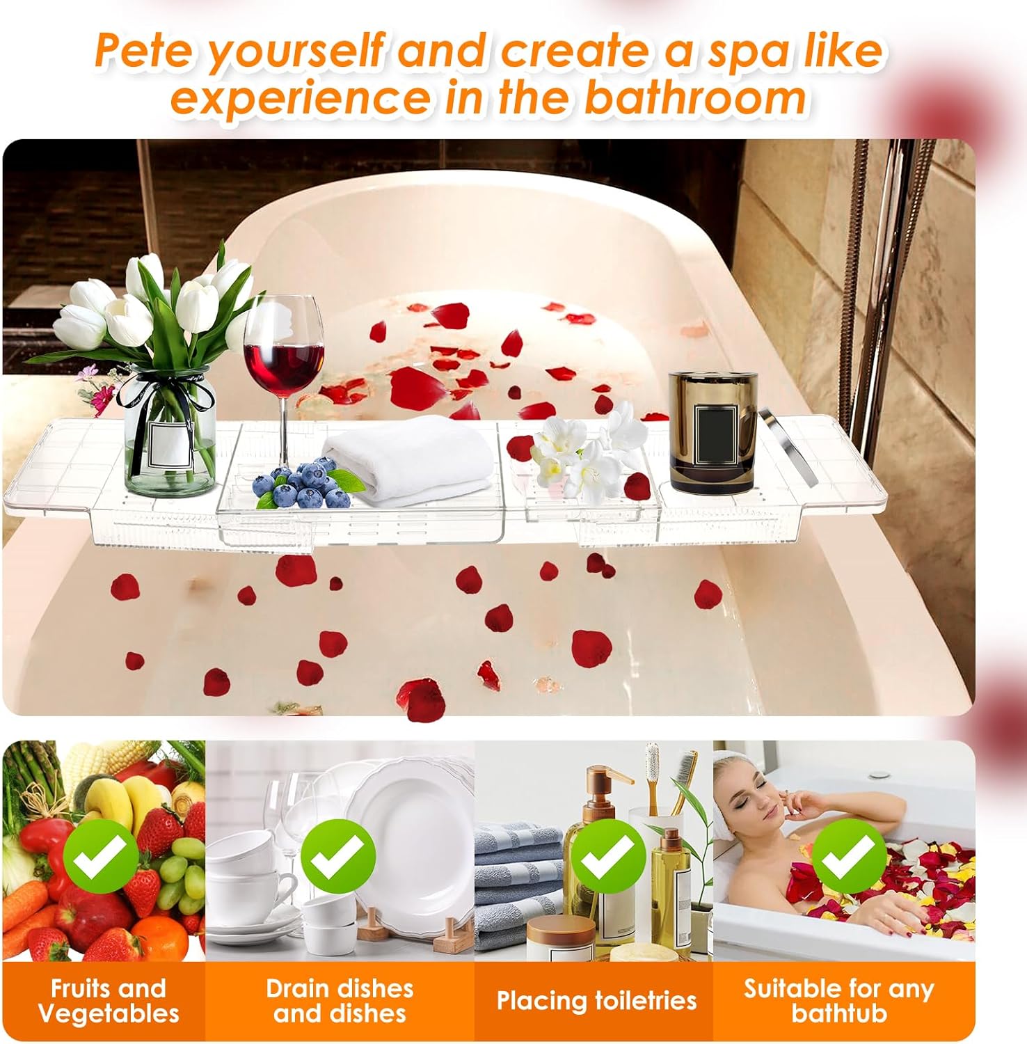 Adjustable Clear Bathtub Caddy Tray for Home