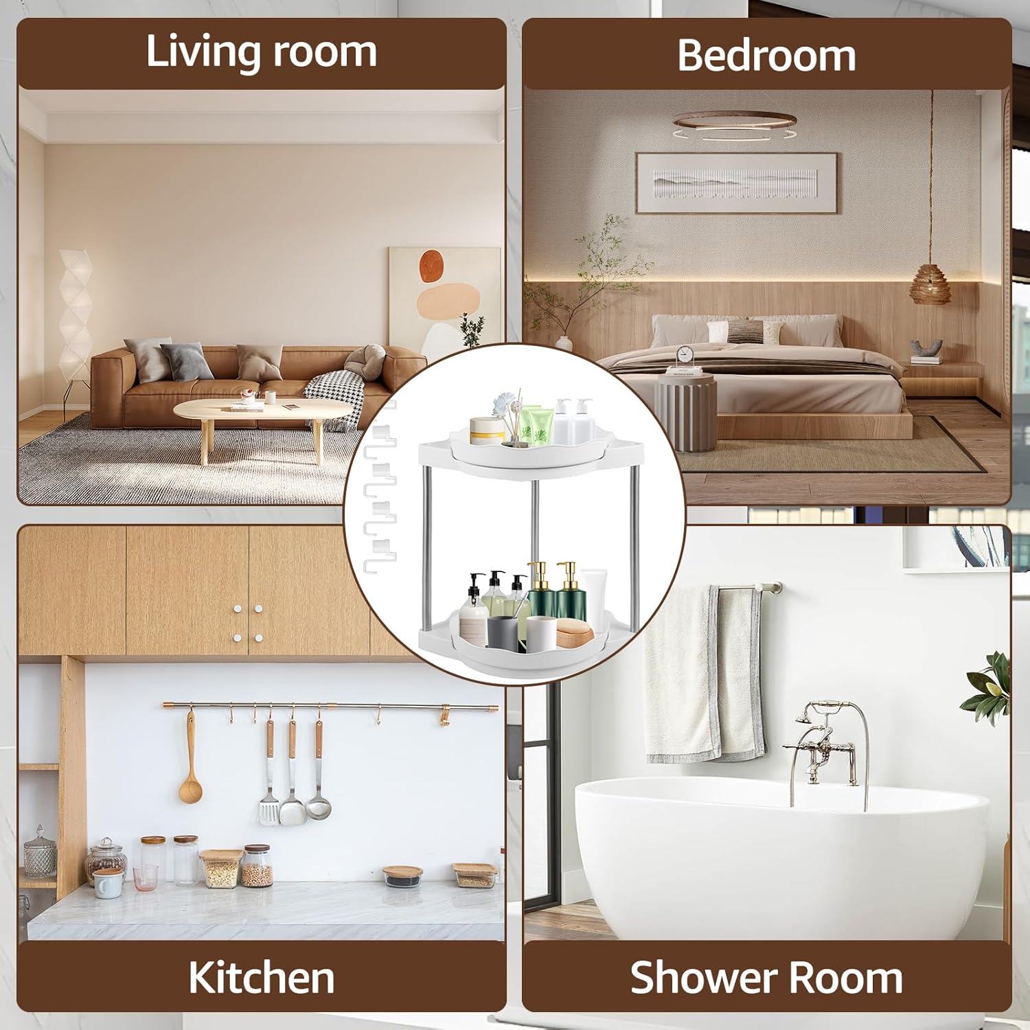360 Rotating Corner Shower Caddy with 5 Hooks