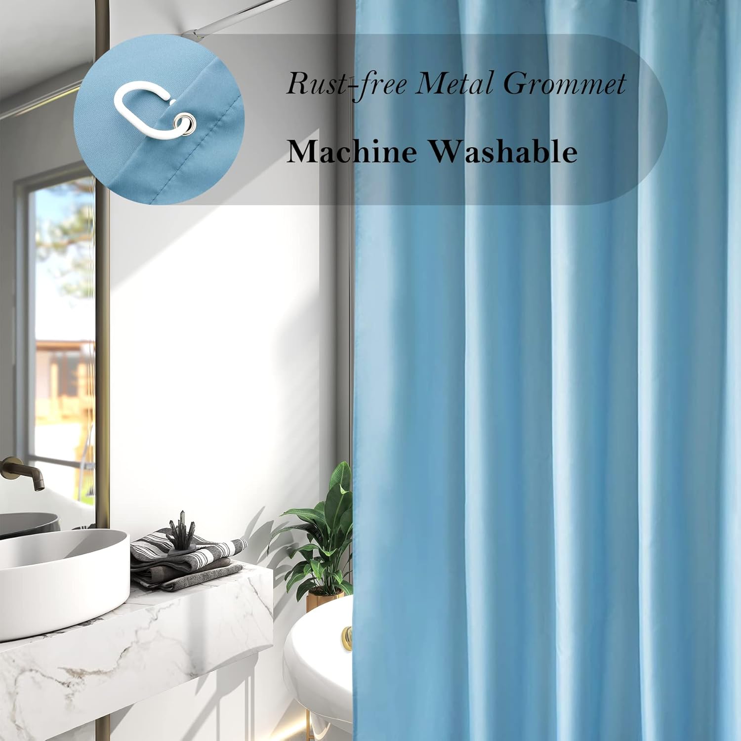 AooHome 48x72 inch Shower Liner with Hooks and Weighted Hem - Blue