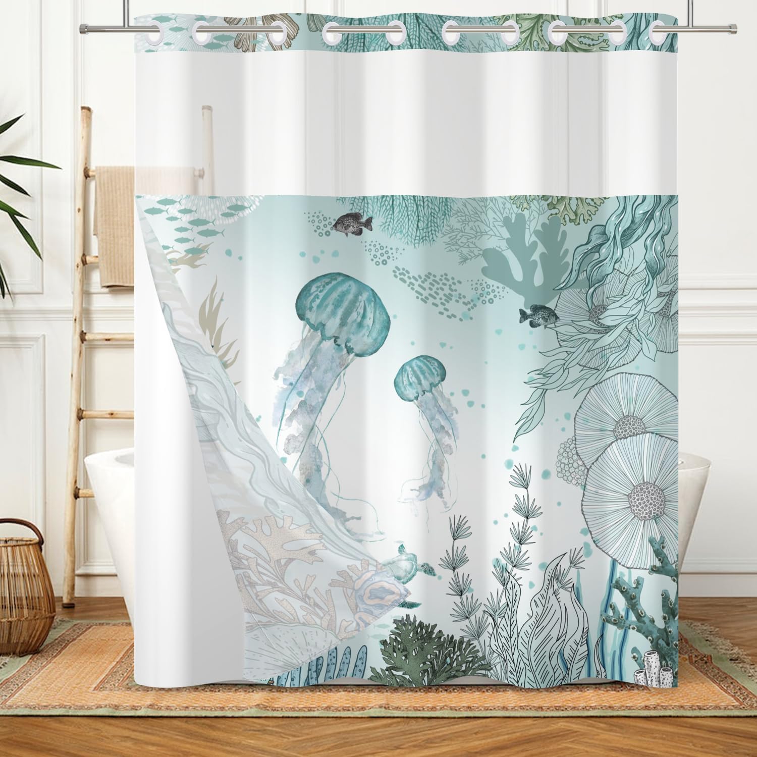 No Hook Jellyfish Shower Curtain Set with Snap-in Liner and Double Layer