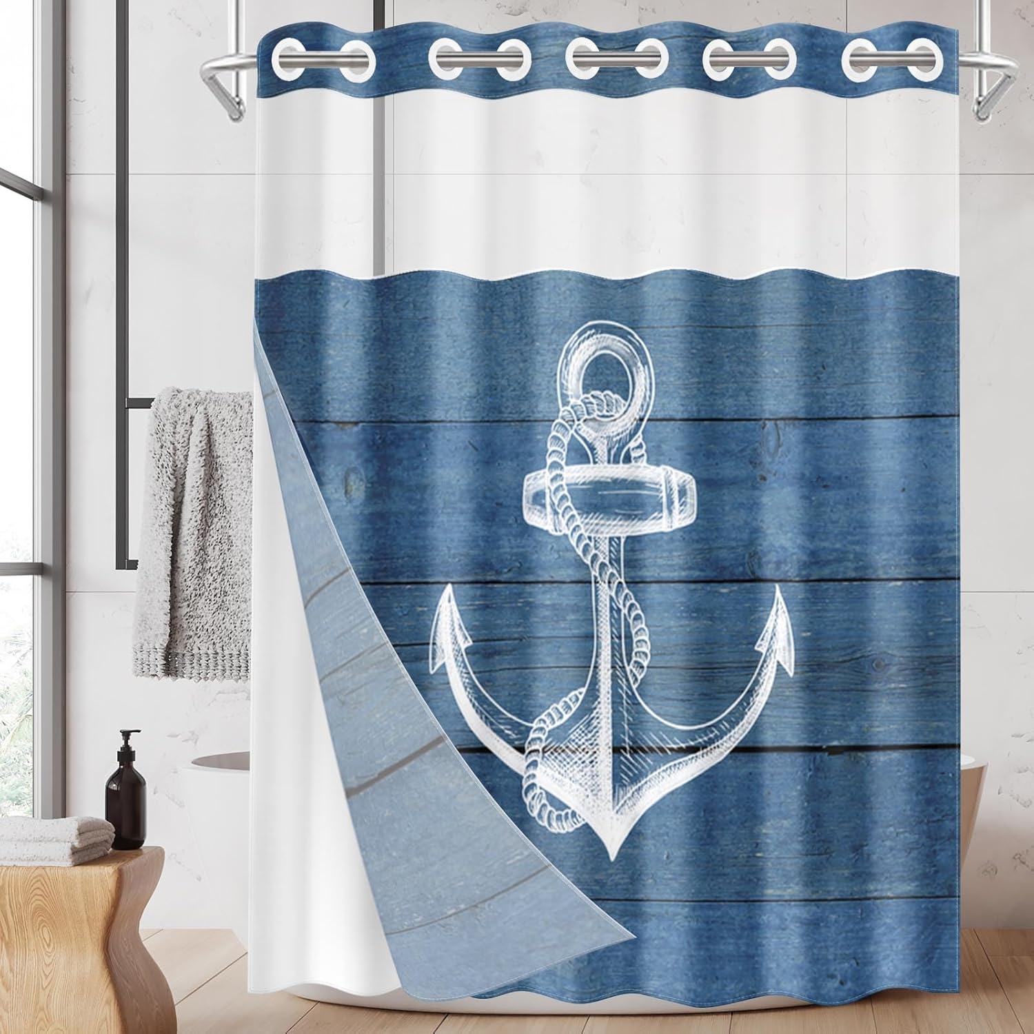 Nesphy Navy Blue No Hook Anchor Wooden Board Shower Curtain Set