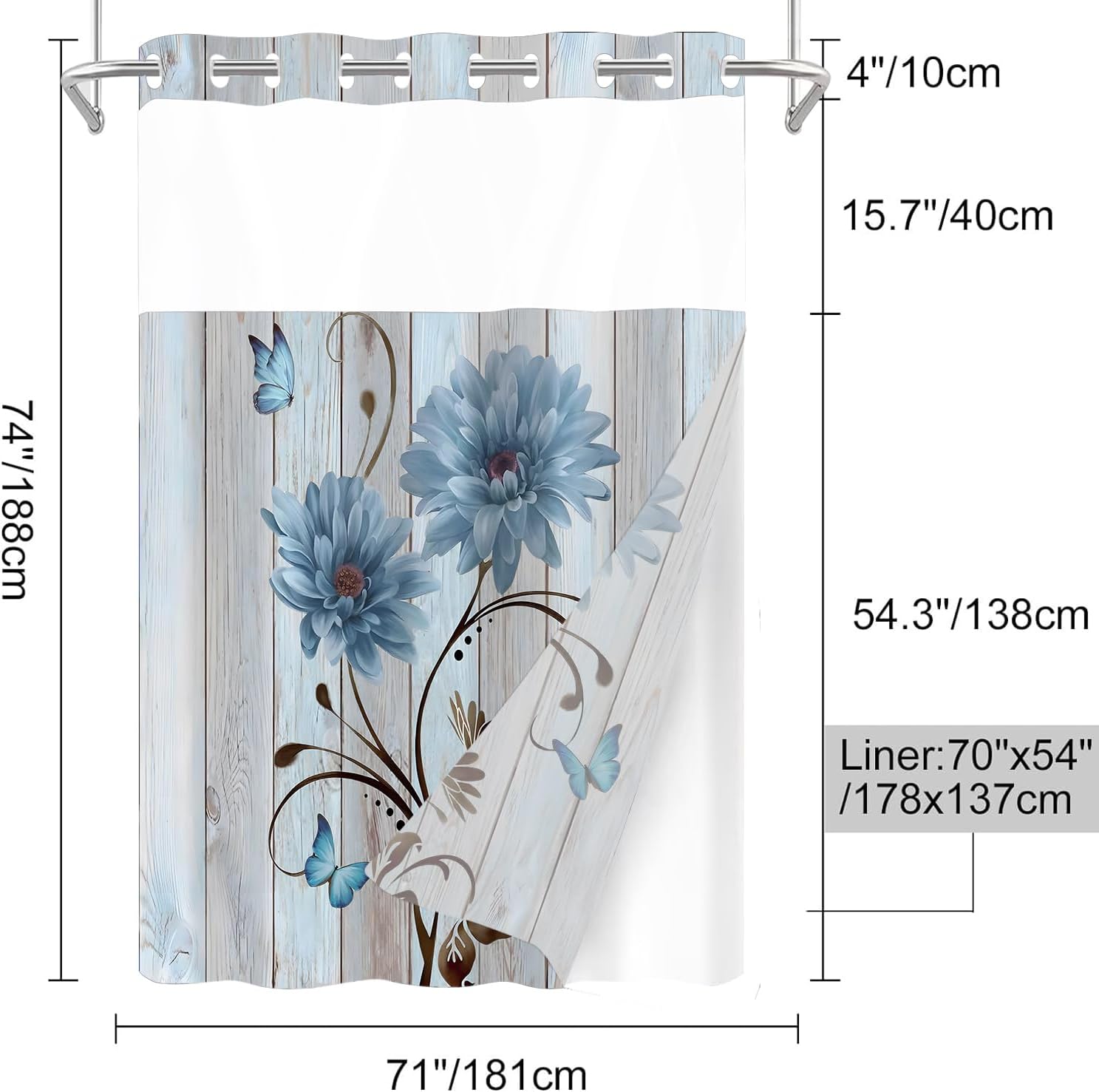 AZHM Rustic Blue Daisy Shower Curtain Set