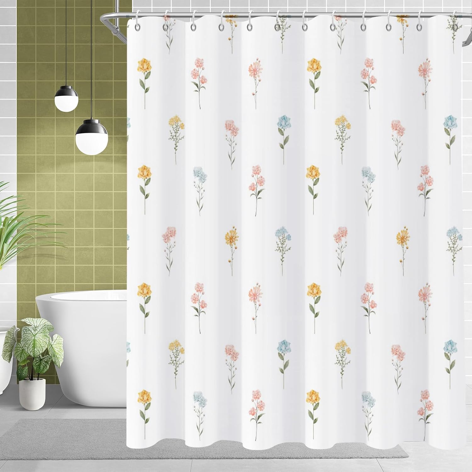 Floral Shower Curtain with Hooks and Waterproof Design