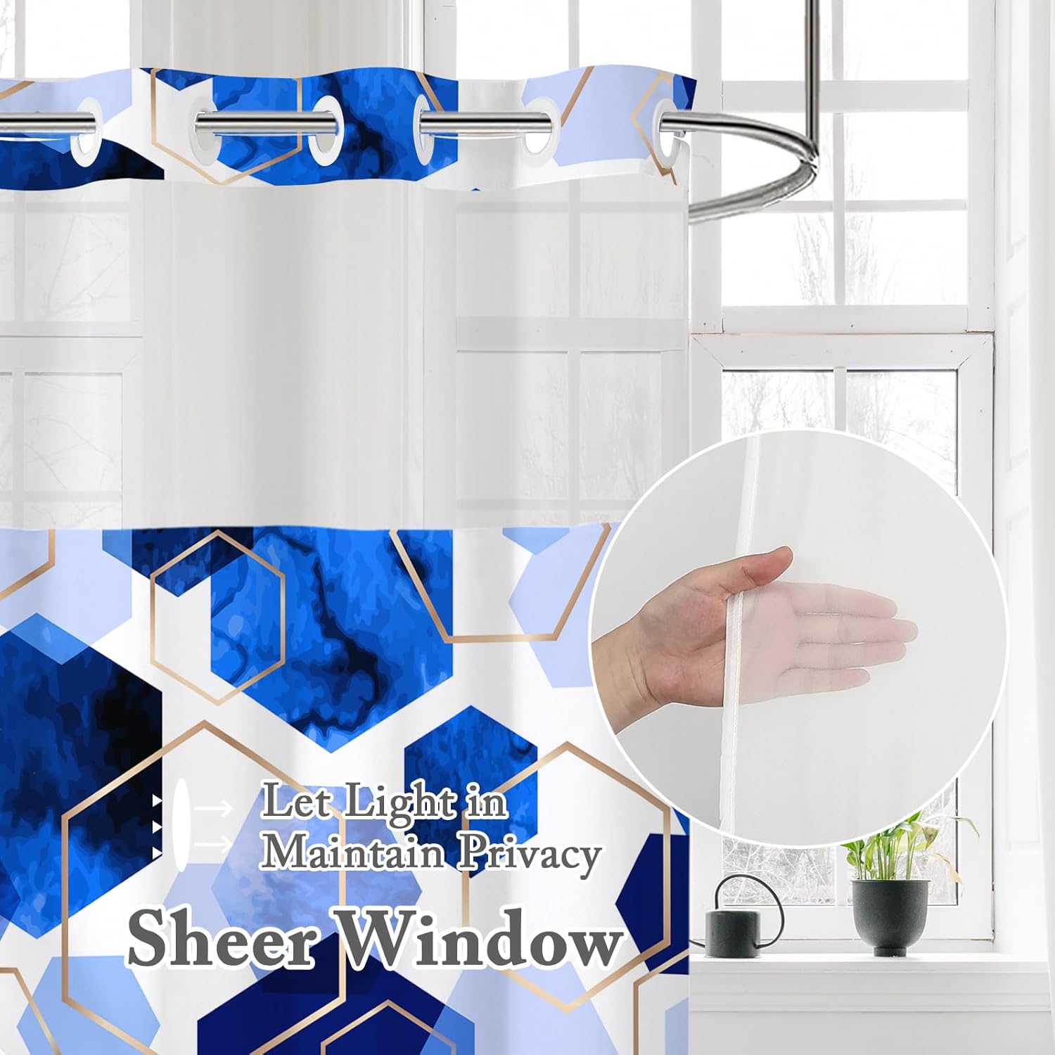 No Hook Royal Blue Shower Curtain with Snap-in Liner Set