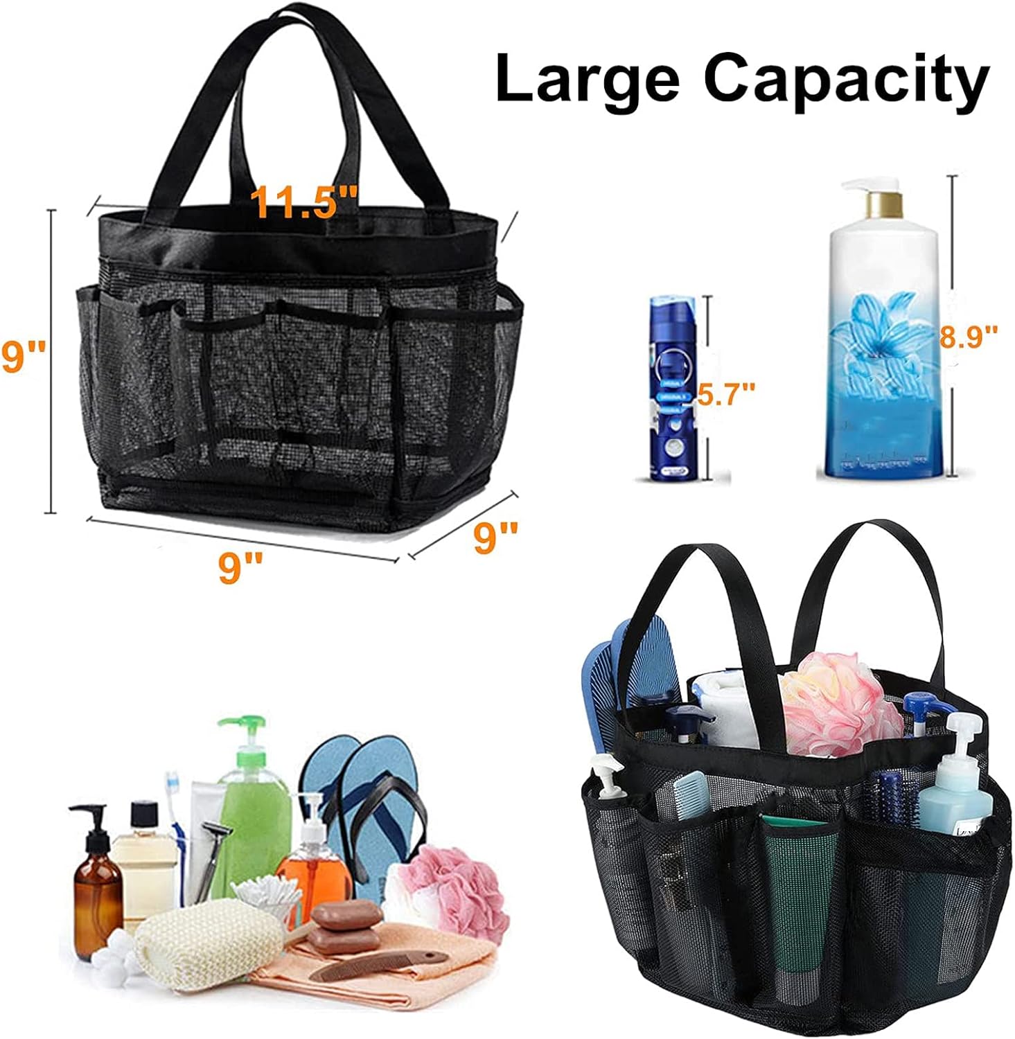 2025 Portable Shower Caddy Bag with 8 Pockets - Black