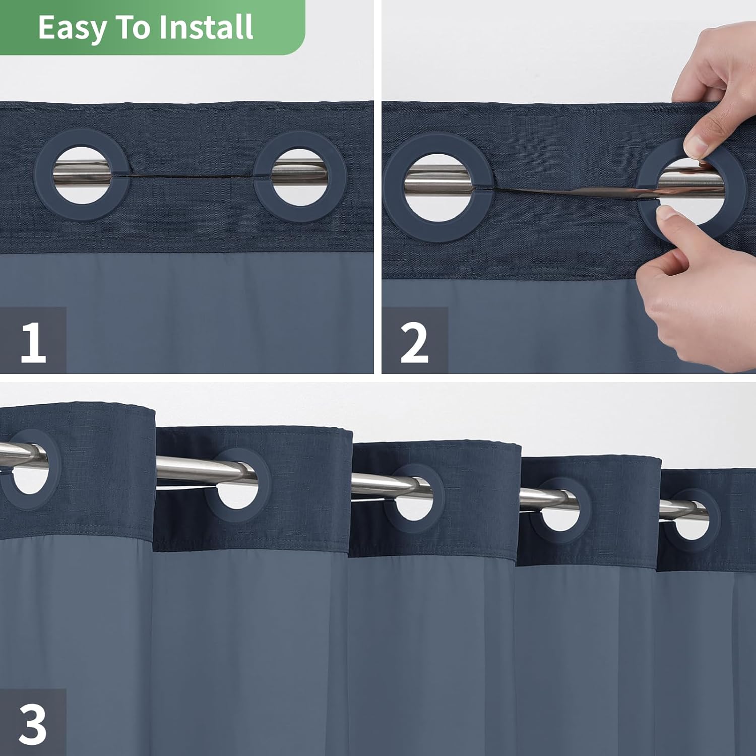No Hook Shower Curtain with Snap-in Liner Set Slub Textured Navy Blue