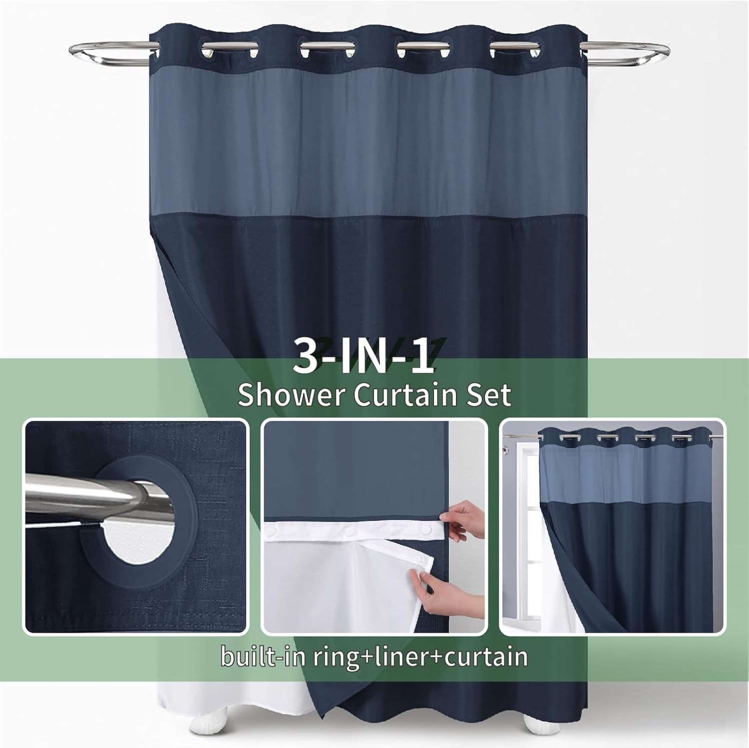 No Hook Shower Curtain with Snap-in Liner Set Slub Textured Navy Blue