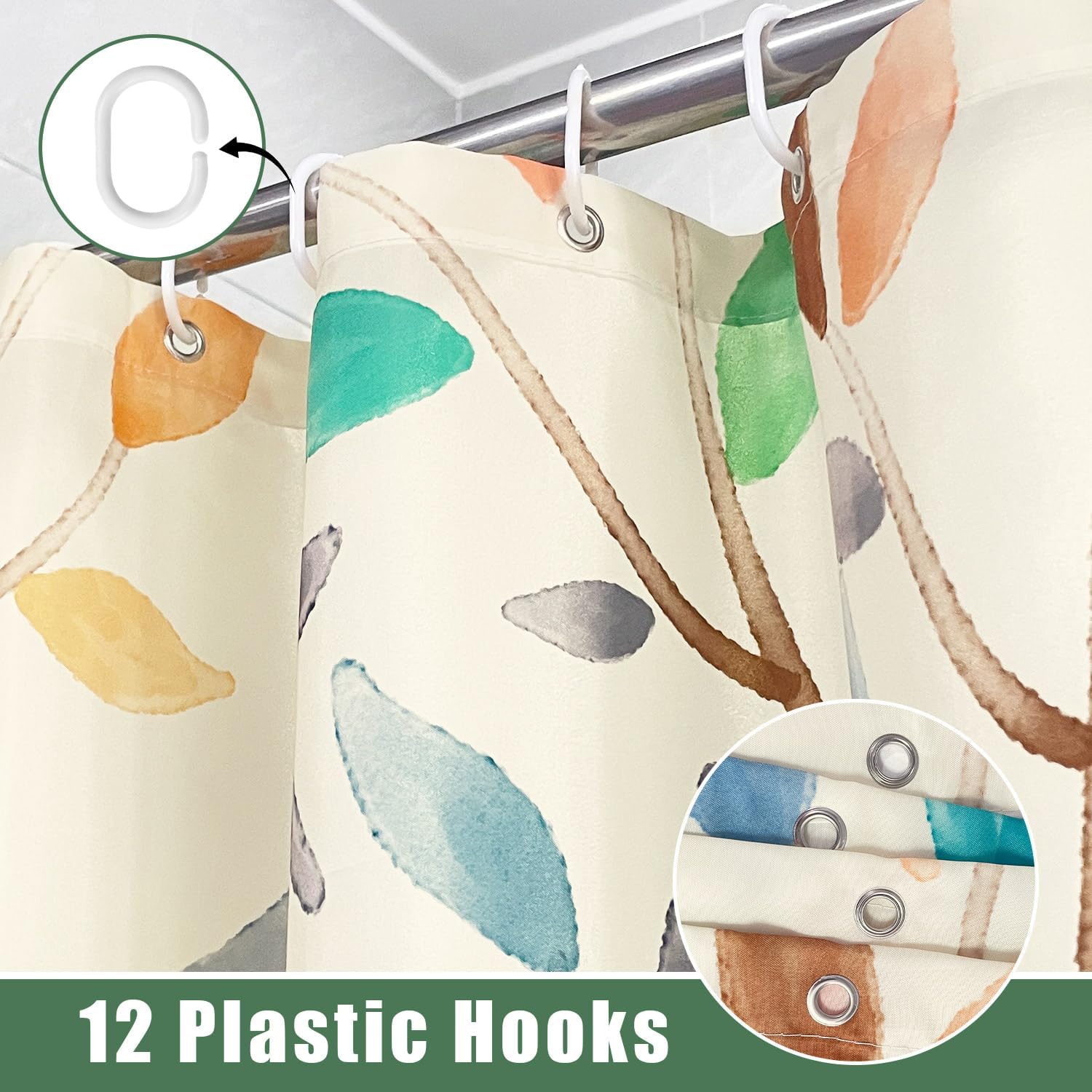 Boho Floral Shower Curtain with 12 Hooks 72x72 Inches