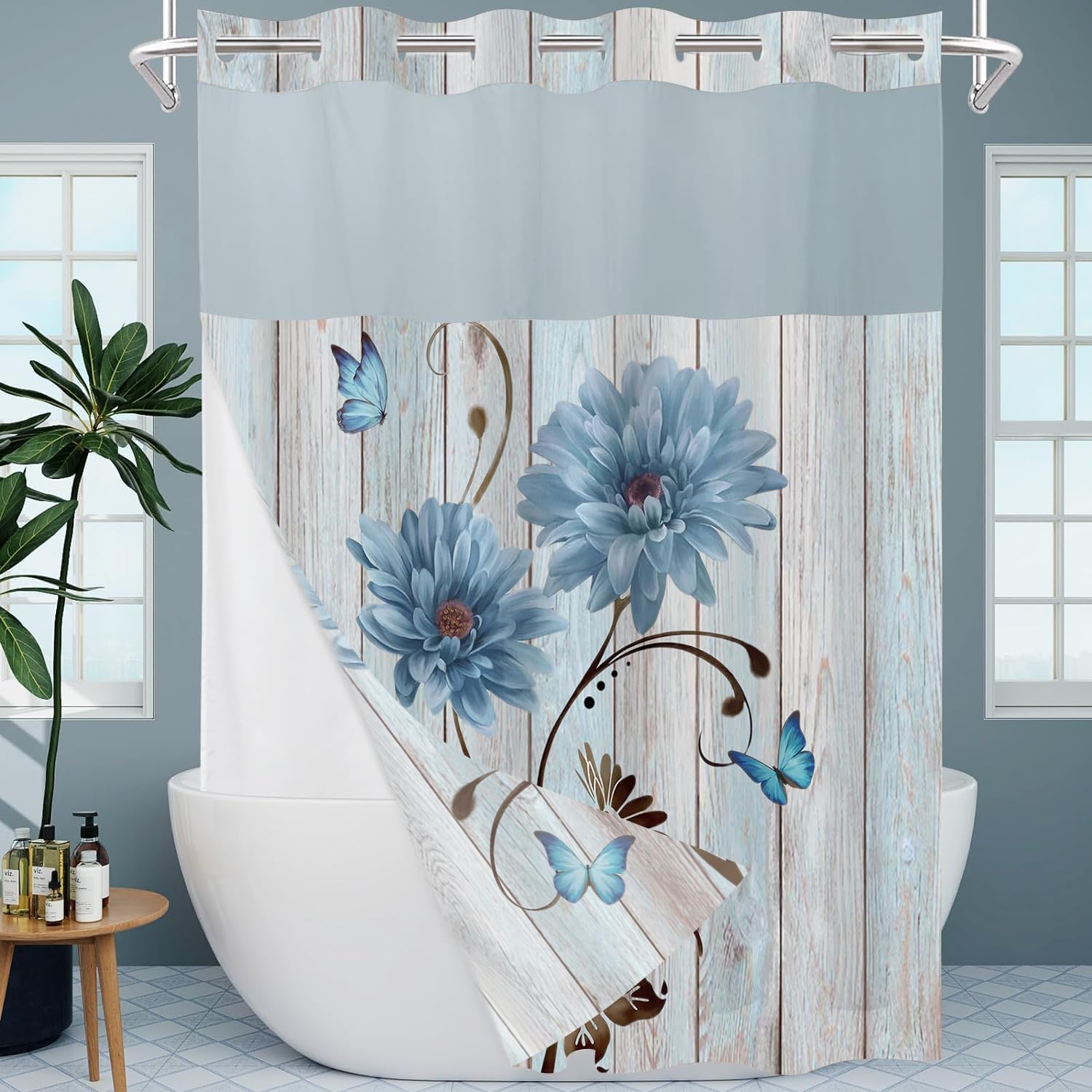 AZHM Rustic Blue Daisy Shower Curtain Set