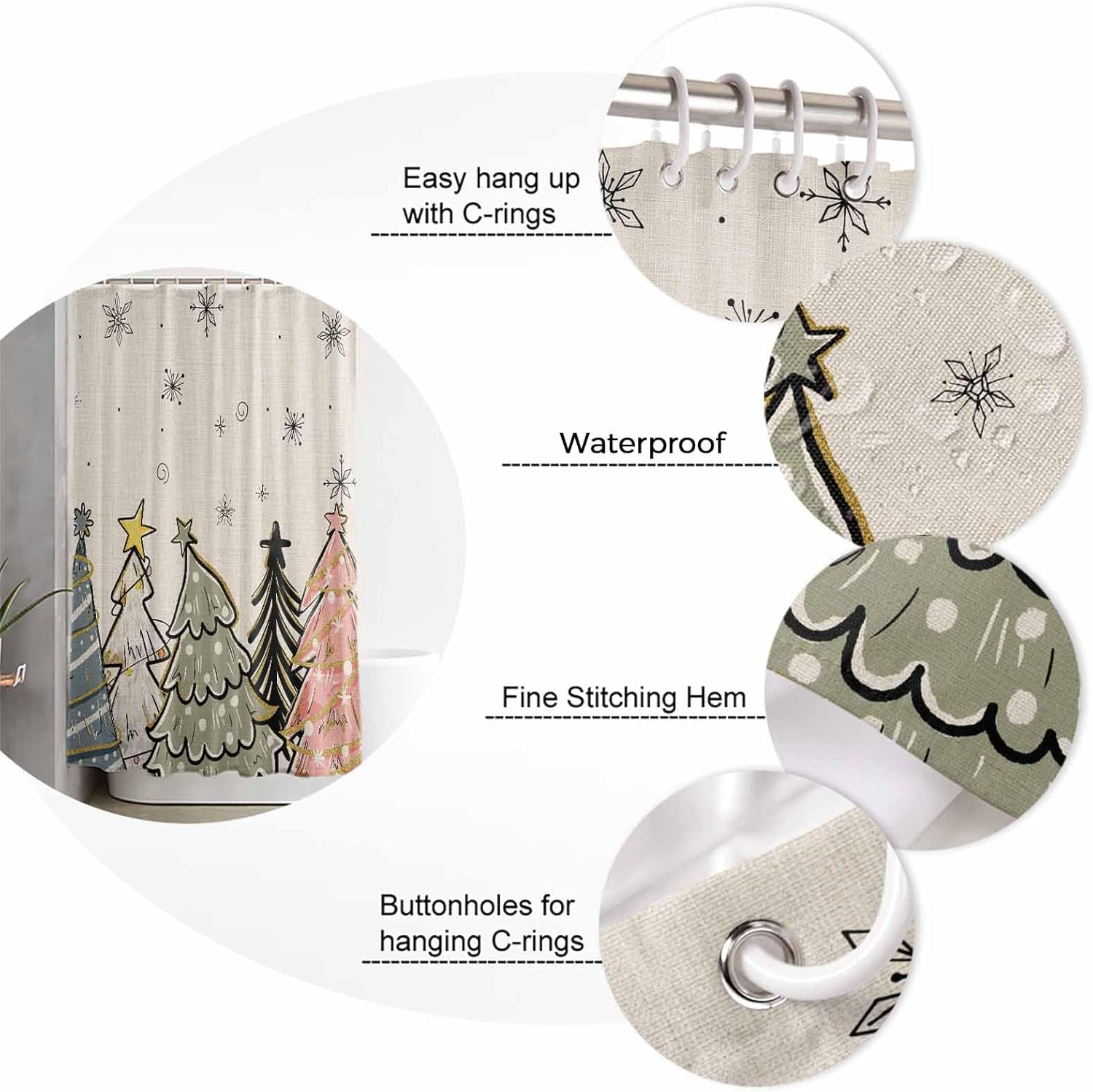 ZOE GARDEN 72x84 Winter Christmas Tree Shower Curtain Set with Hooks