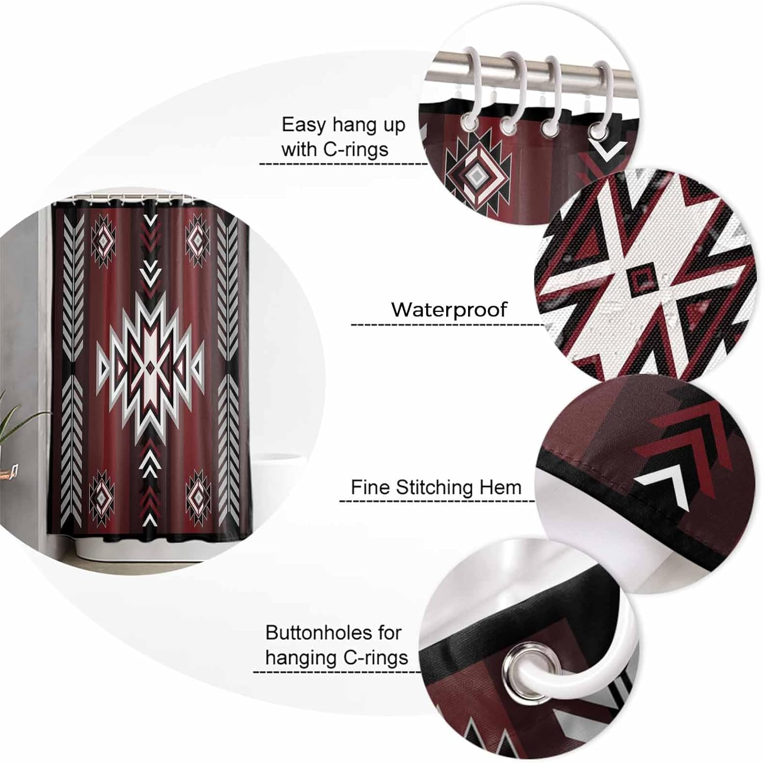ZOE GARDEN Red Black Aztec Shower Curtain Set