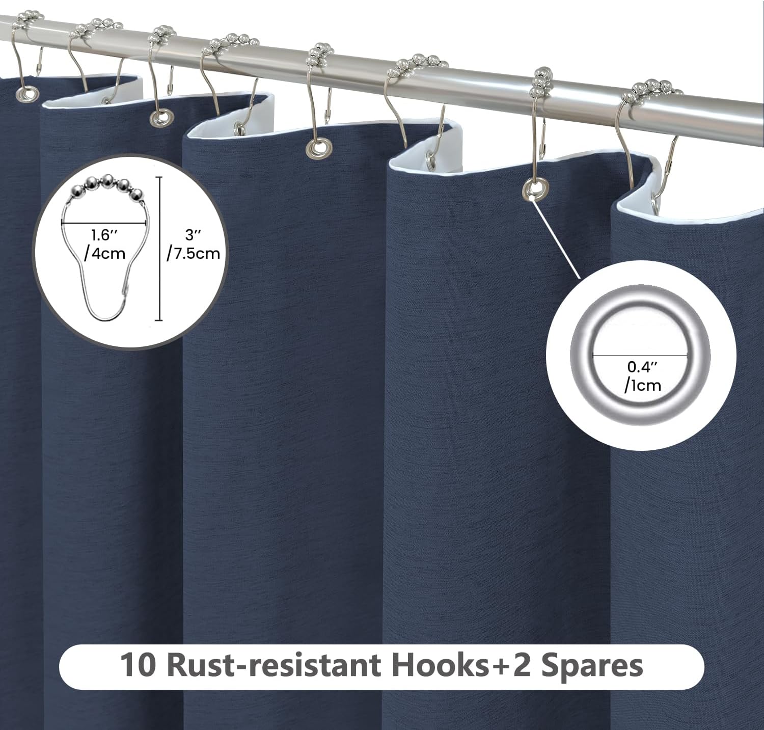 Inhousolu Boho Shower Curtain Set Faux Linen 12 Metal Hooks Navy Blue 54x78