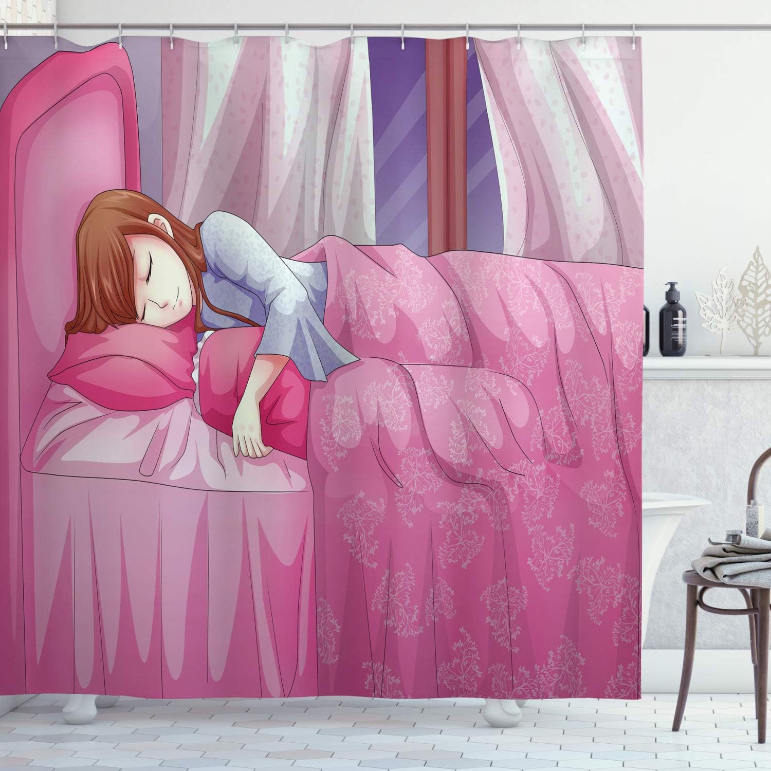 Ambesonne Anime Sleeping Girl Shower Curtain Set with Hooks